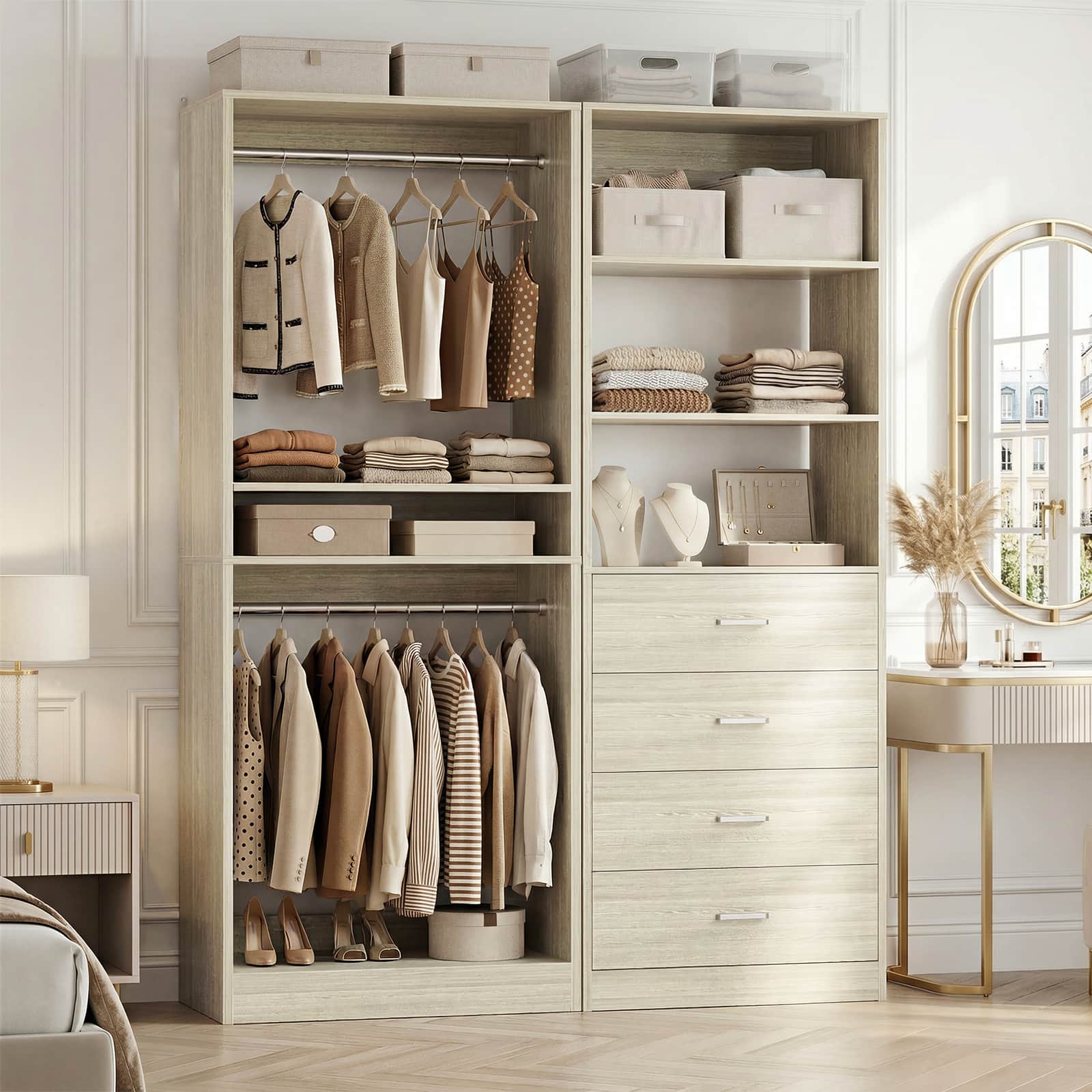 46.3''W 2-Piece Closet Organizer with Hanging Rods and 4 Drawers