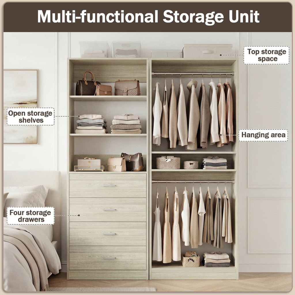 46.3''W 2-Piece Closet Organizer with Hanging Rods and 4 Drawers