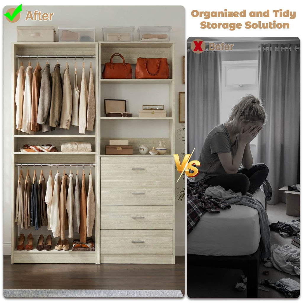 46.3''W 2-Piece Closet Organizer with Hanging Rods and 4 Drawers