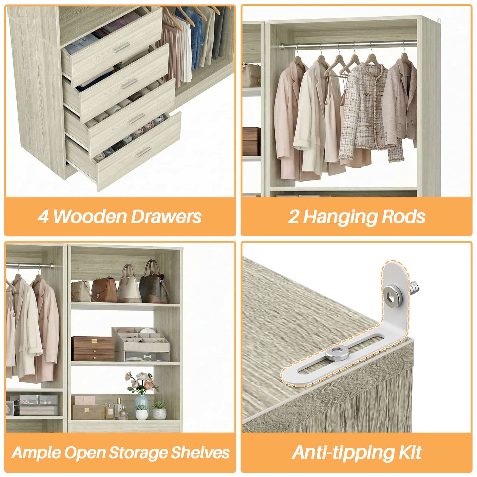 46.3''W 2-Piece Closet Organizer with Hanging Rods and 4 Drawers