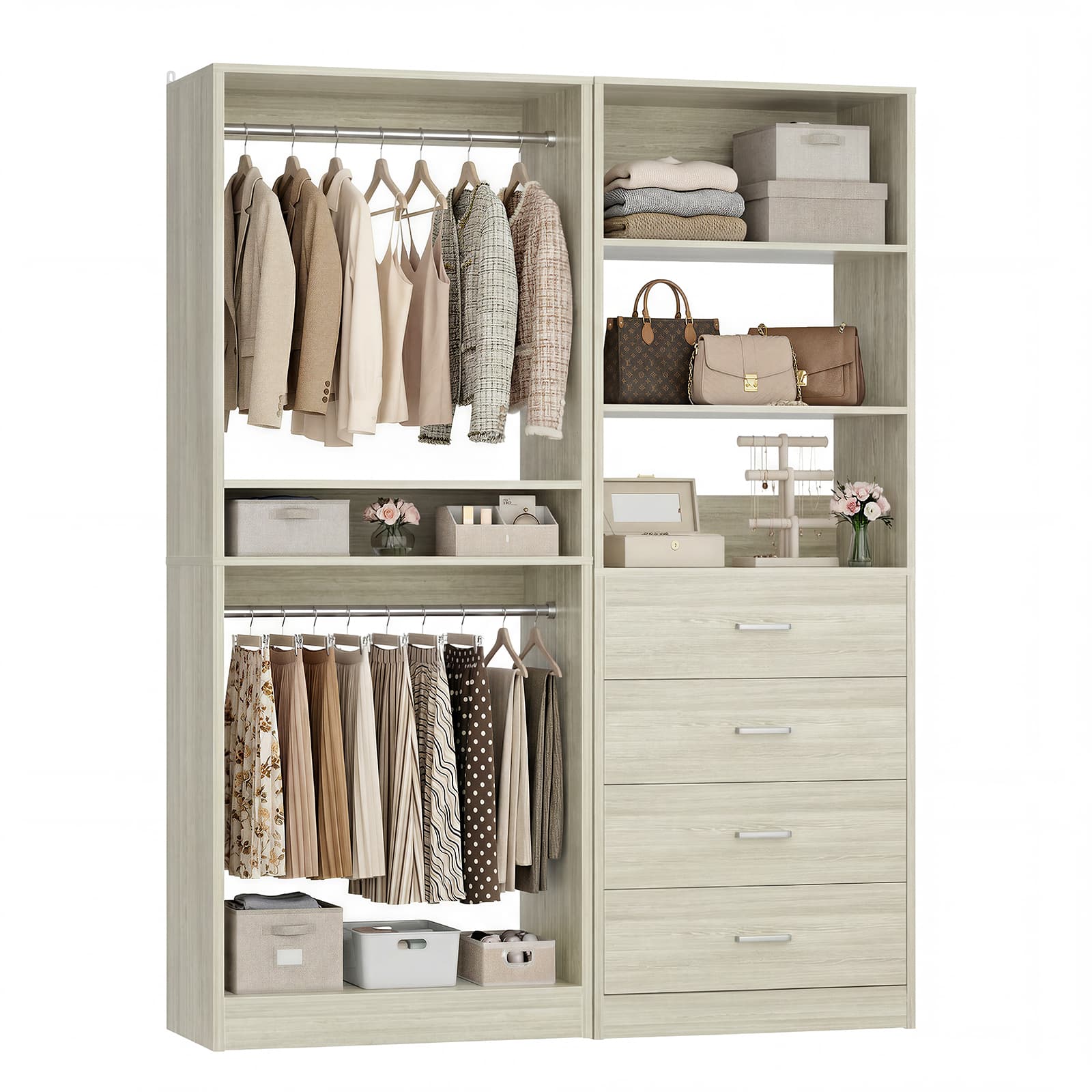 46.3''W 2-Piece Closet Organizer with Hanging Rods and 4 Drawers
