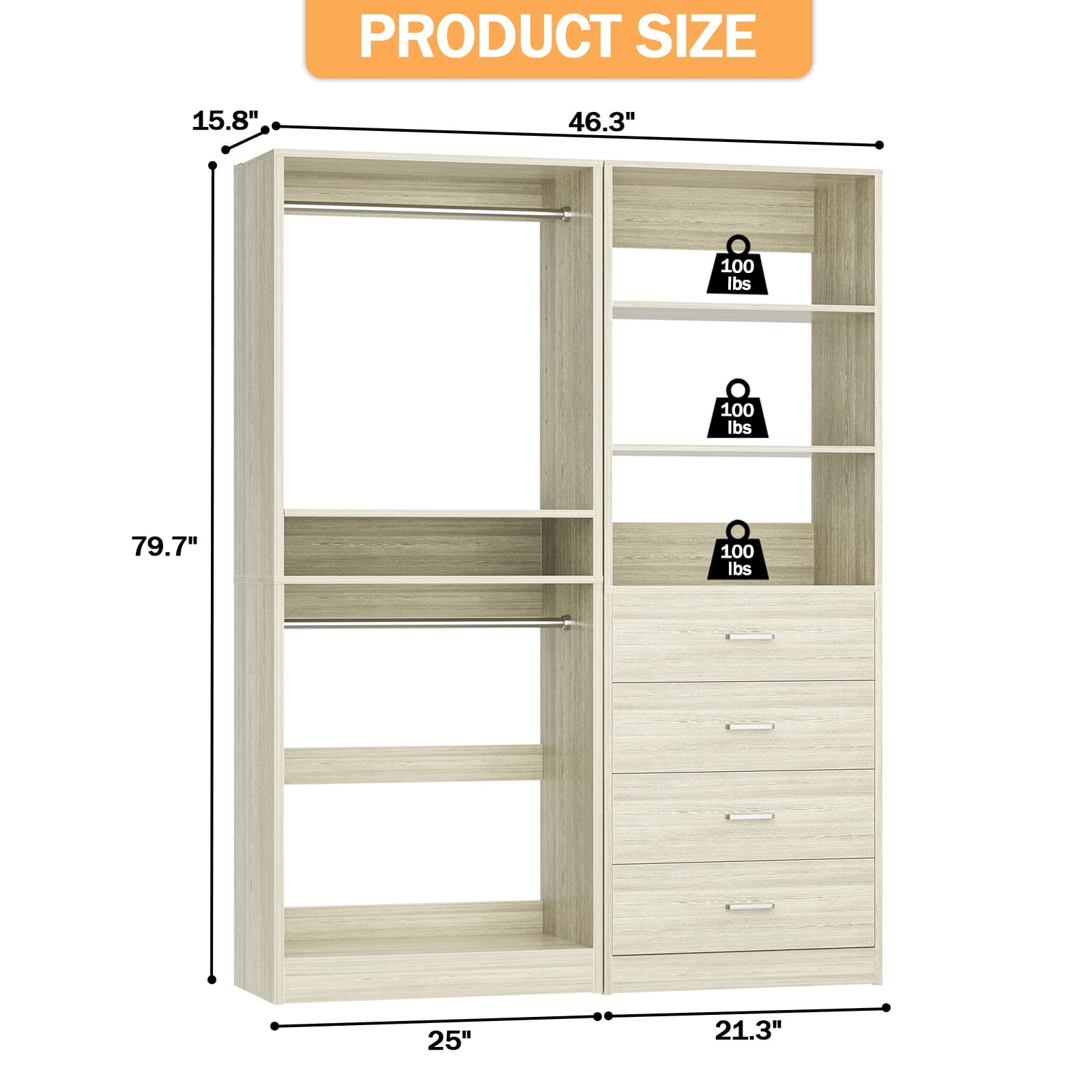 46.3''W 2-Piece Closet Organizer with Hanging Rods and 4 Drawers