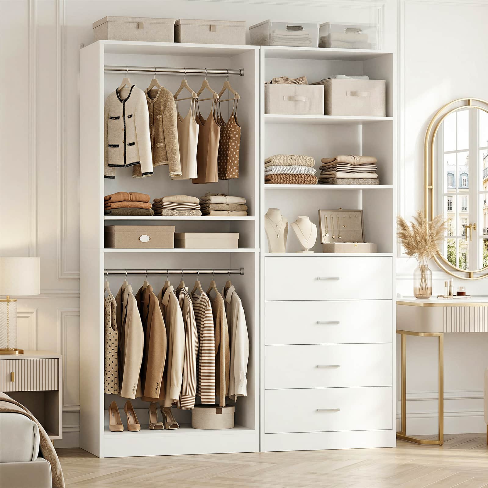 46.3''W 2-Piece Closet Organizer with Hanging Rods and 4 Drawers