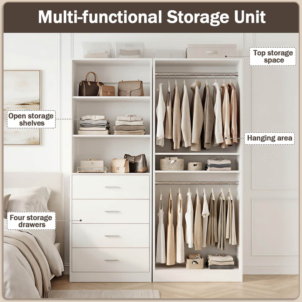 46.3''W 2-Piece Closet Organizer with Hanging Rods and 4 Drawers