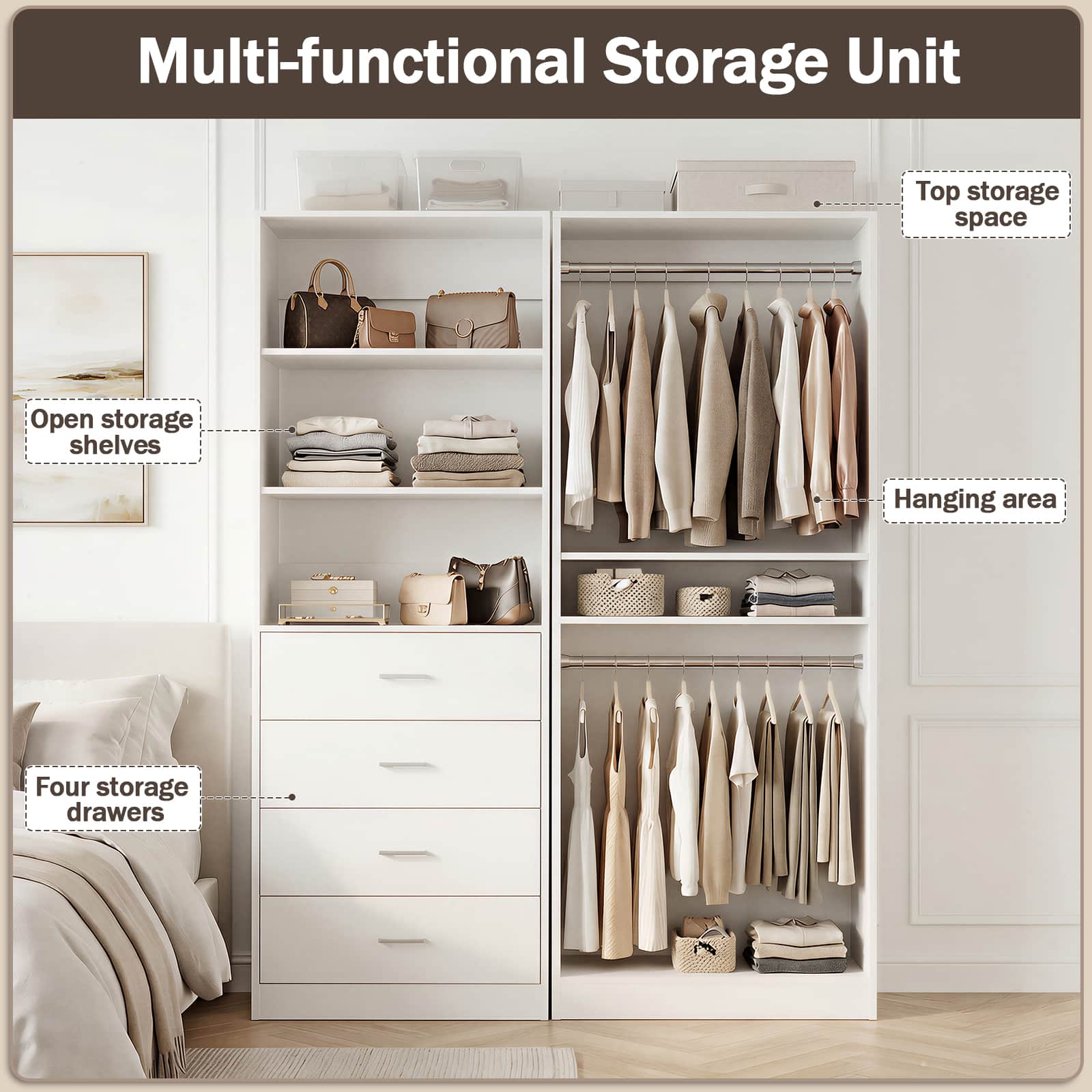 46.3''W 2-Piece Closet Organizer with Hanging Rods and 4 Drawers