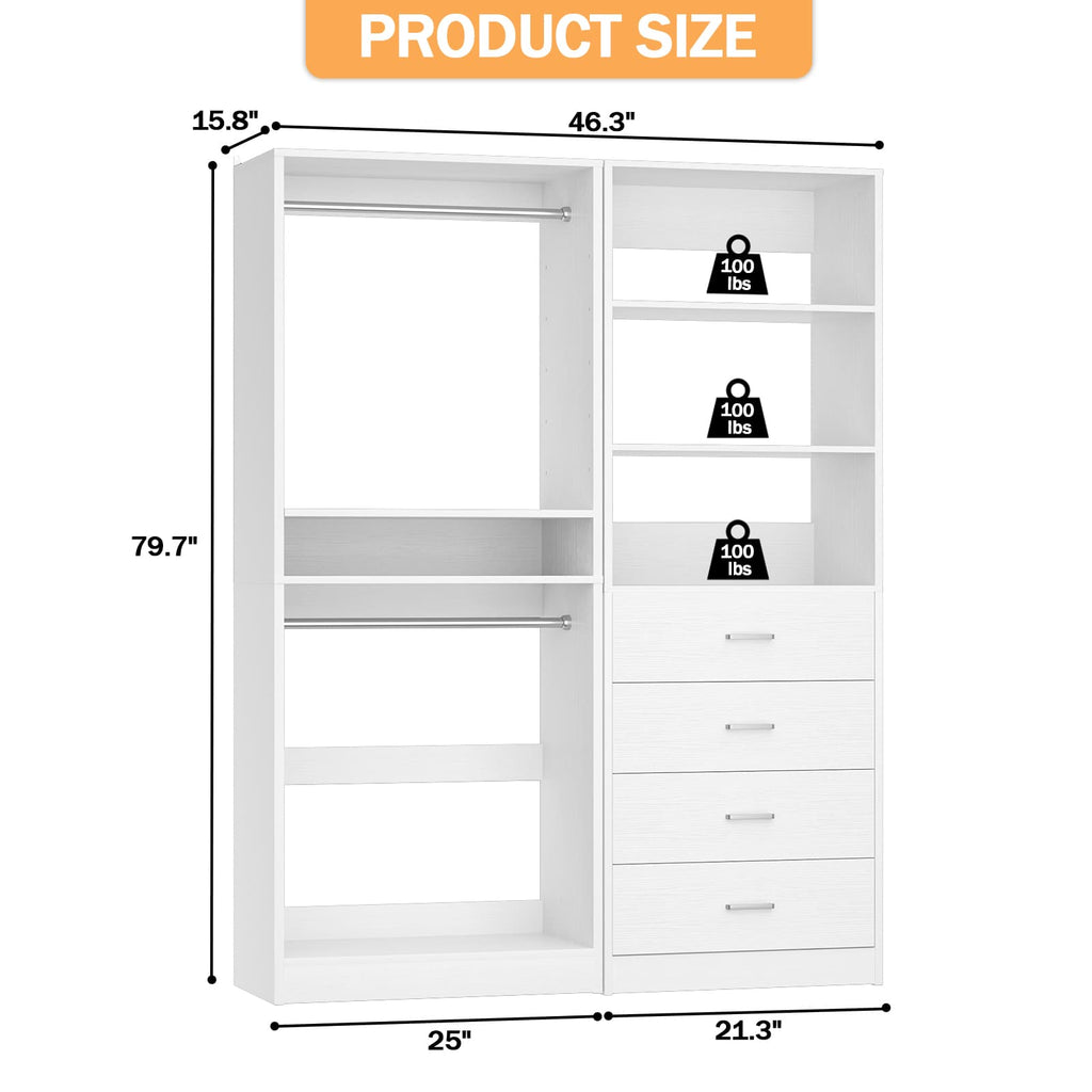46.3''W 2-Piece Closet Organizer with Hanging Rods and 4 Drawers