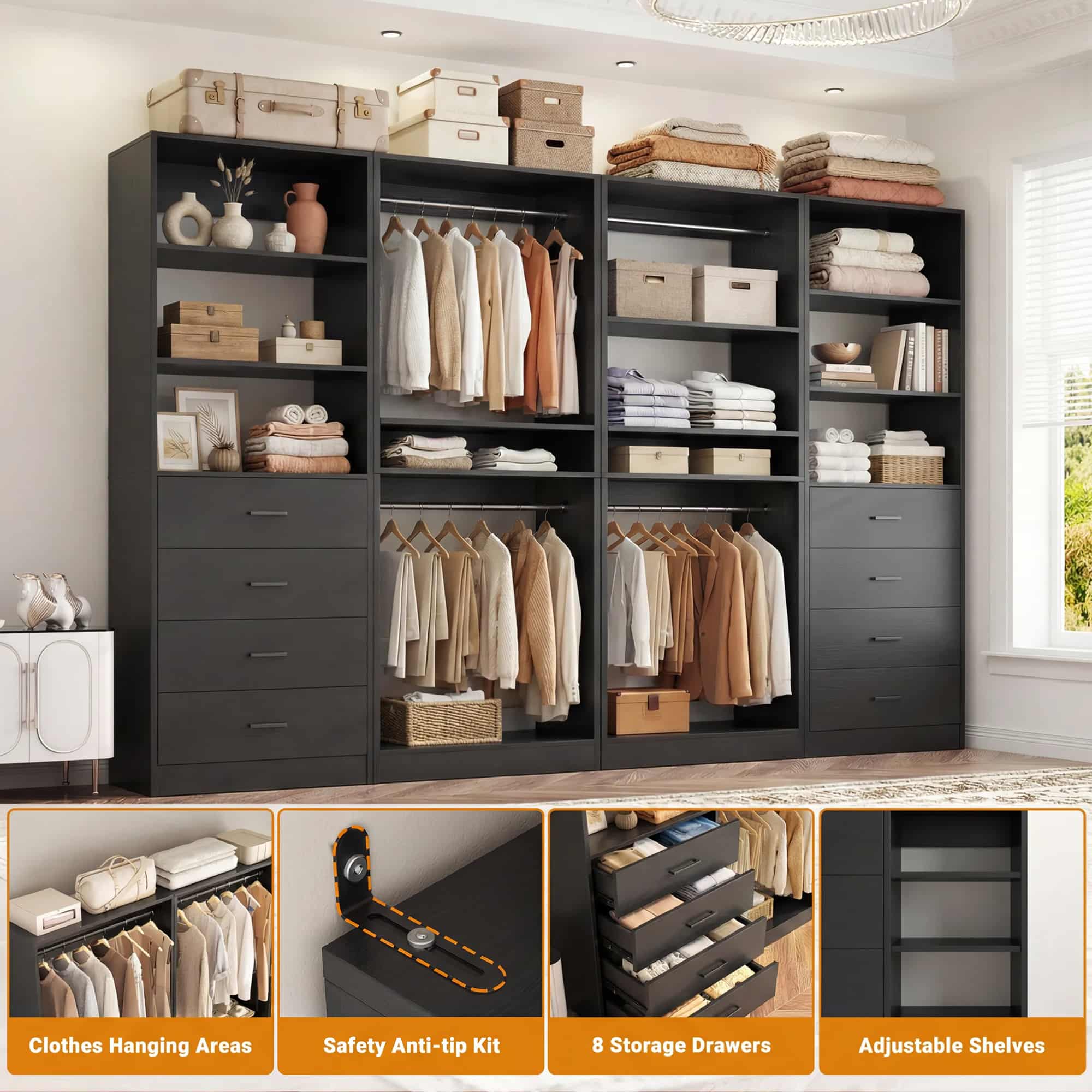 92.4'' W 4-Piece Closet Organizer System with 8 Drawers