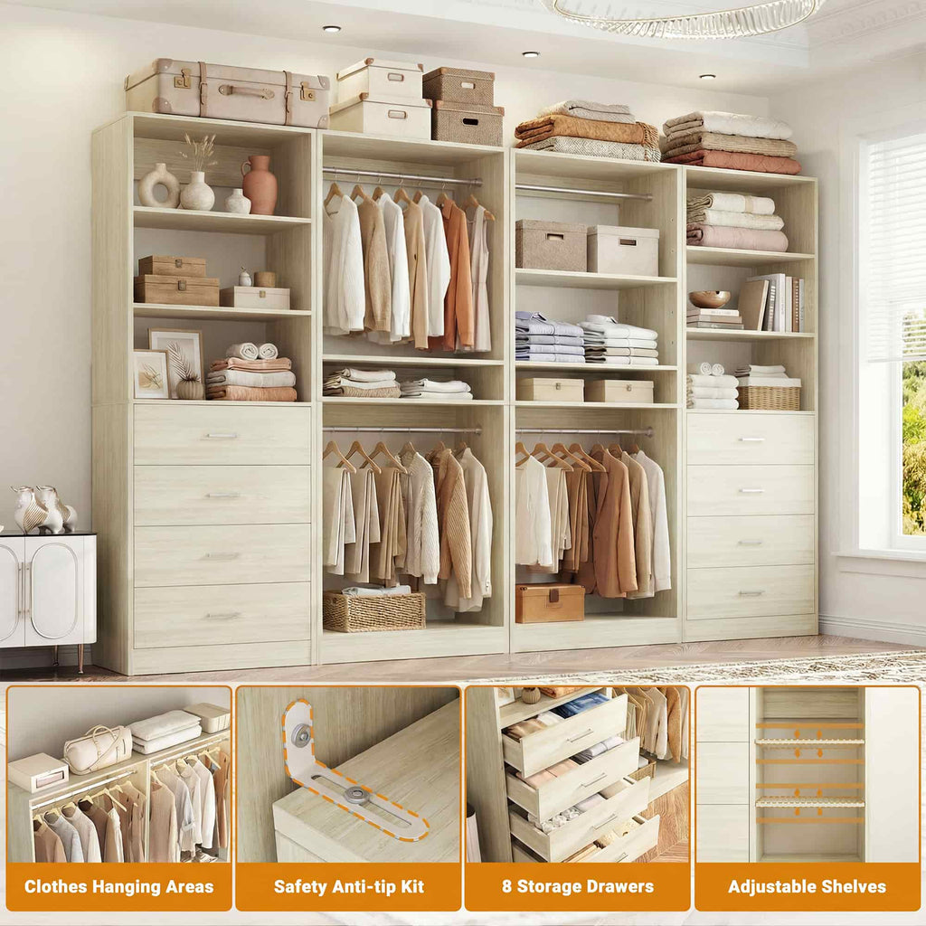 92.4'' W 4-Piece Closet Organizer System with 8 Drawers