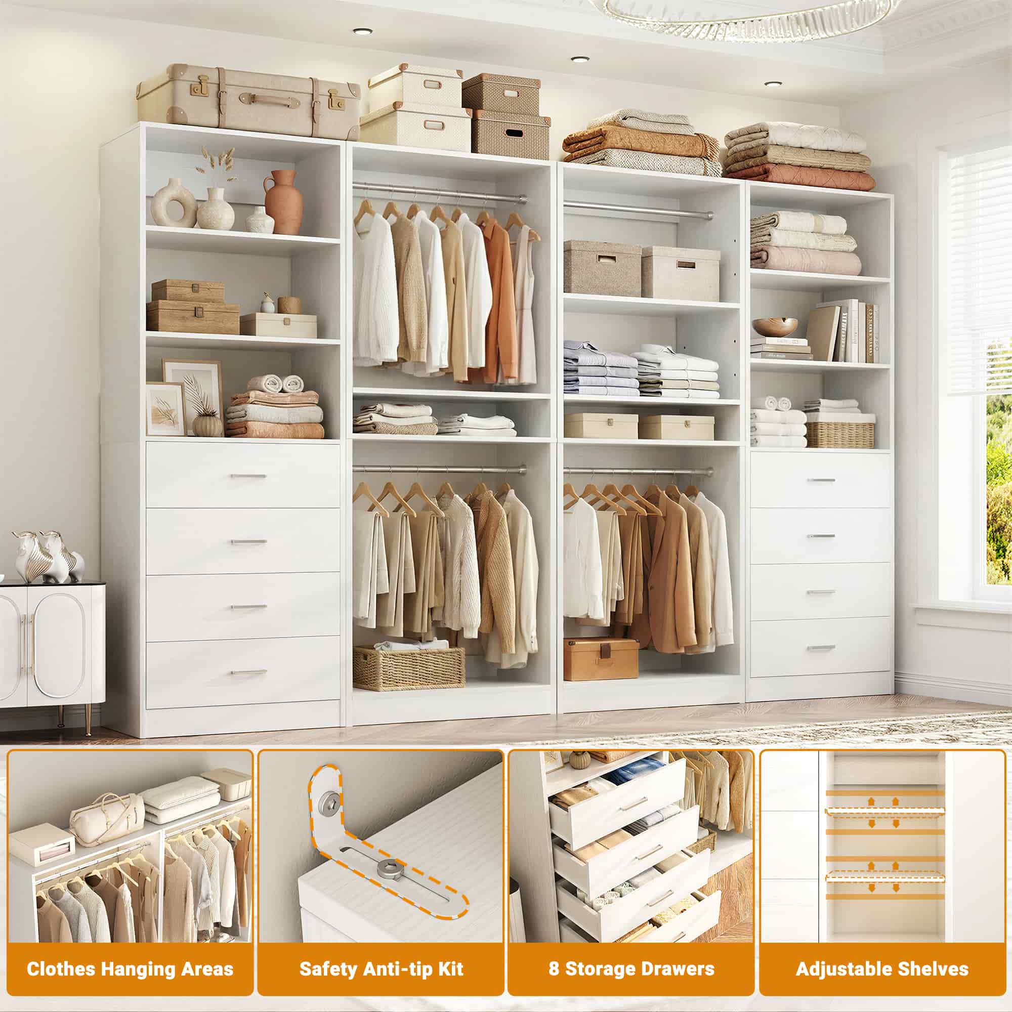 92.4'' W 4-Piece Closet Organizer System with 8 Drawers