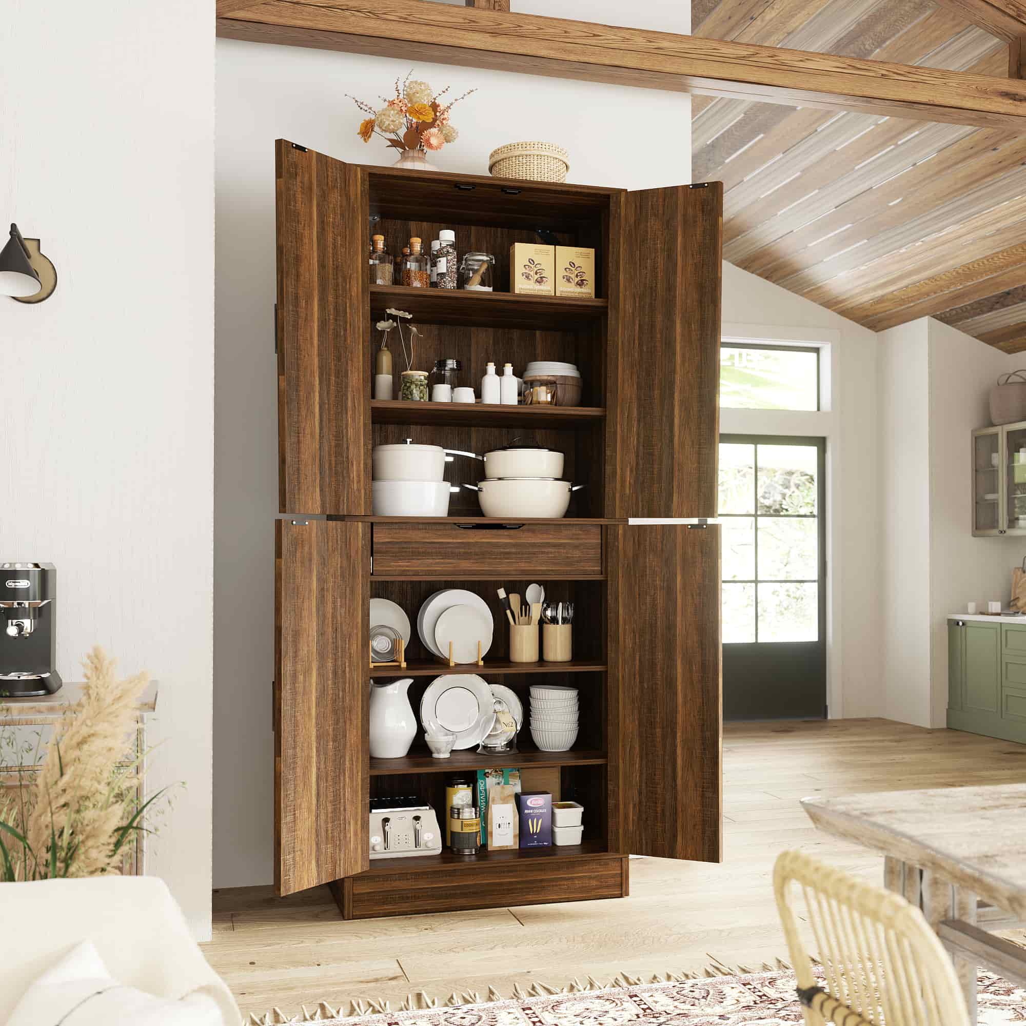 71" Tall Farmhouse Pantry Cabinet with Drawer and Adjustable Shelves