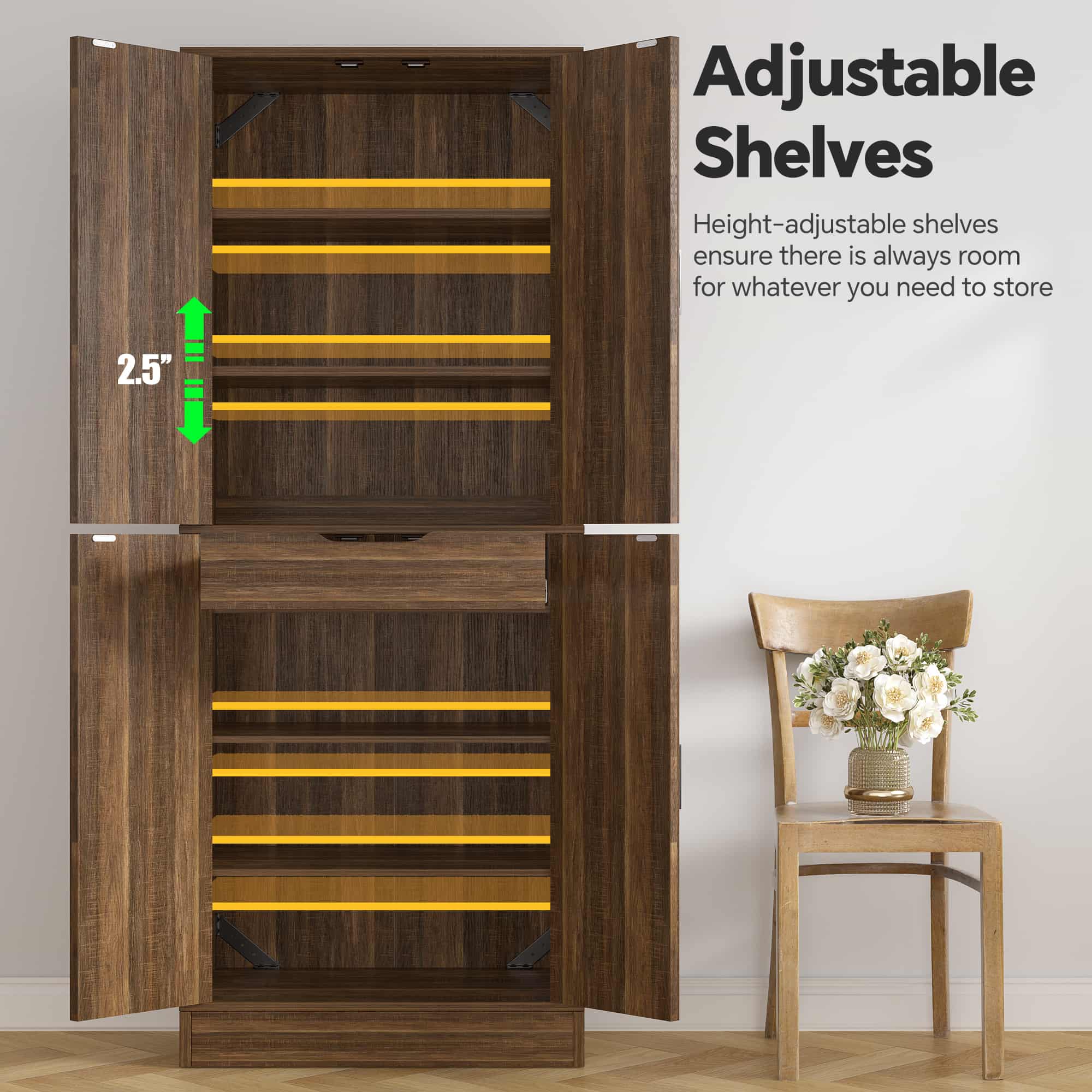 71" Tall Farmhouse Pantry Cabinet with Drawer and Adjustable Shelves