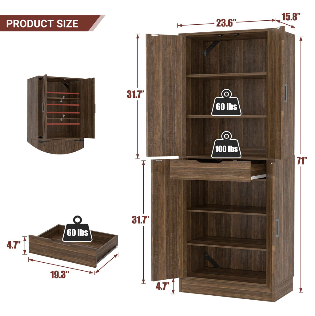 71" Tall Farmhouse Pantry Cabinet with Drawer and Adjustable Shelves