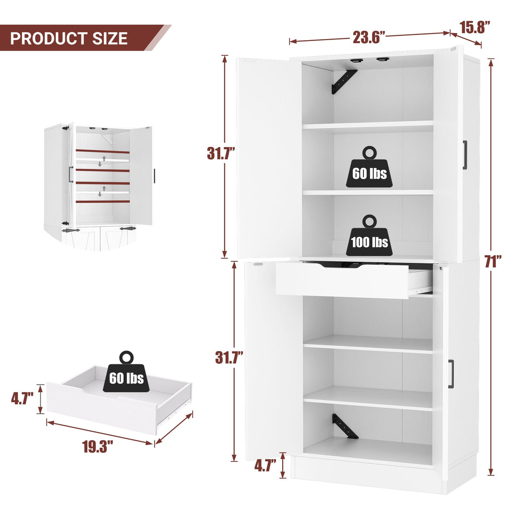 71" Tall Farmhouse Pantry Cabinet with Drawer and Adjustable Shelves