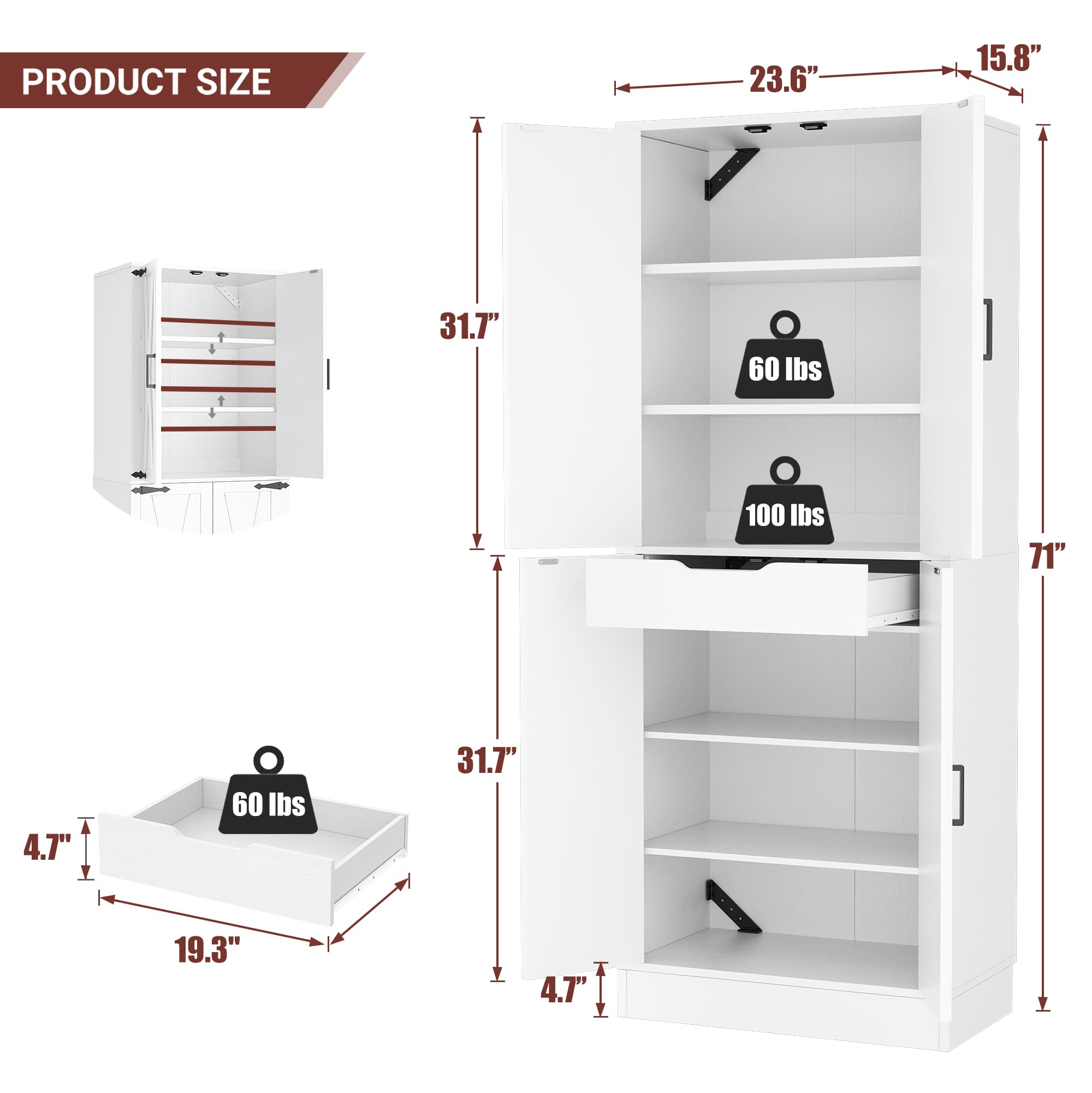 71" Tall Farmhouse Pantry Cabinet with Drawer and Adjustable Shelves