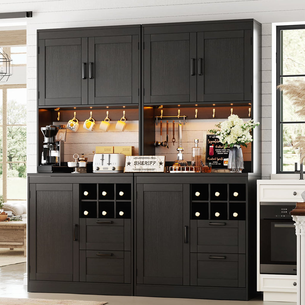 72'' Tall Pantry Cabinet with Drawers, Cabinets, Power Outlets & LED Lights, Set of 2