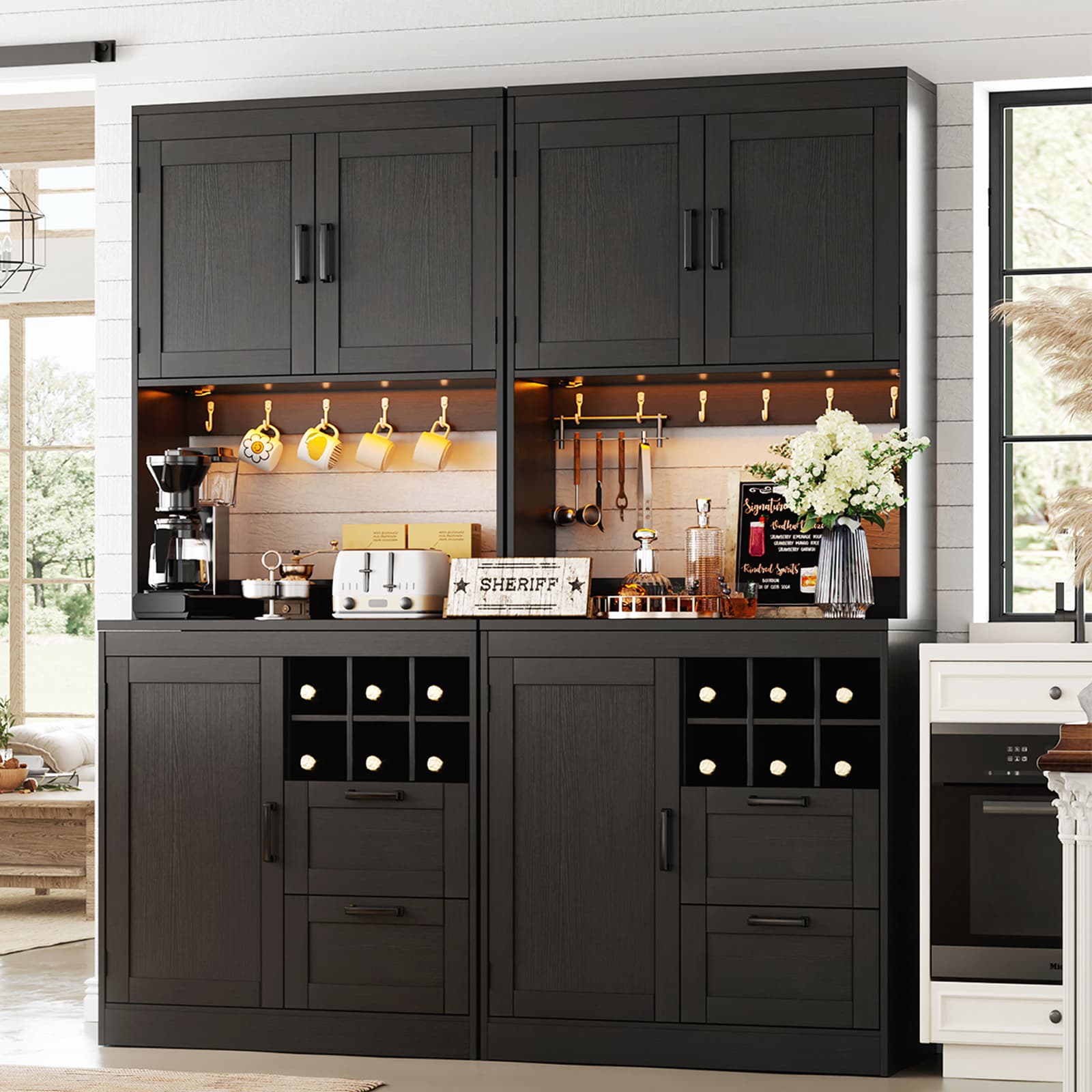 72'' Tall Pantry Cabinet with Drawers, Cabinets, Power Outlets & LED Lights, Set of 2