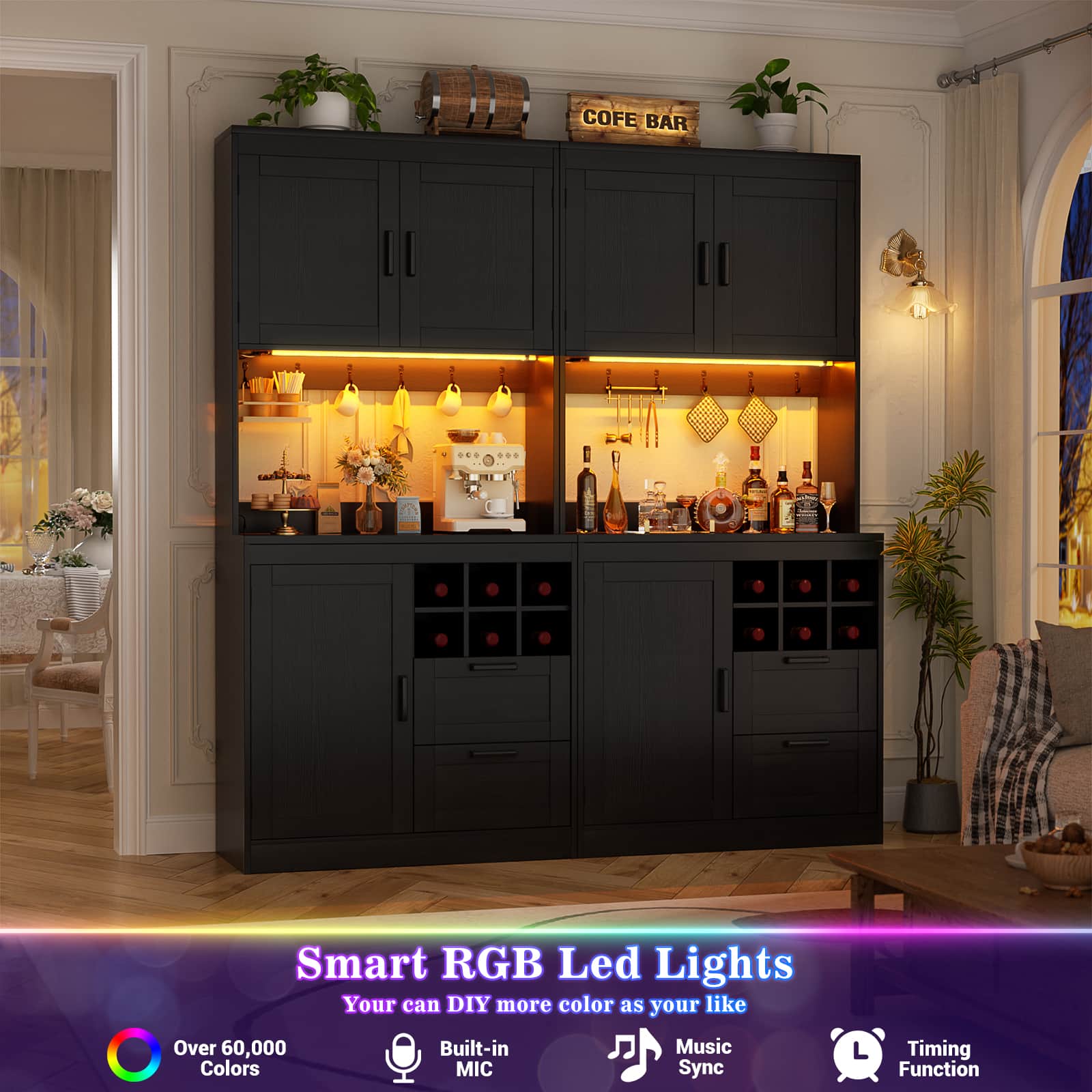 72'' Tall Pantry Cabinet with Drawers, Cabinets, Power Outlets & LED Lights, Set of 2