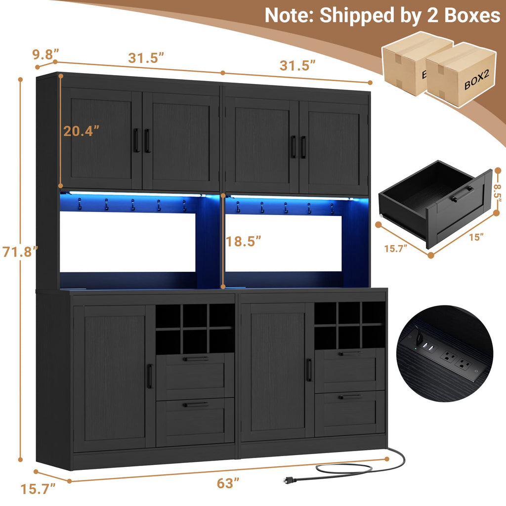 72'' Tall Pantry Cabinet with Drawers, Cabinets, Power Outlets & LED Lights, Set of 2