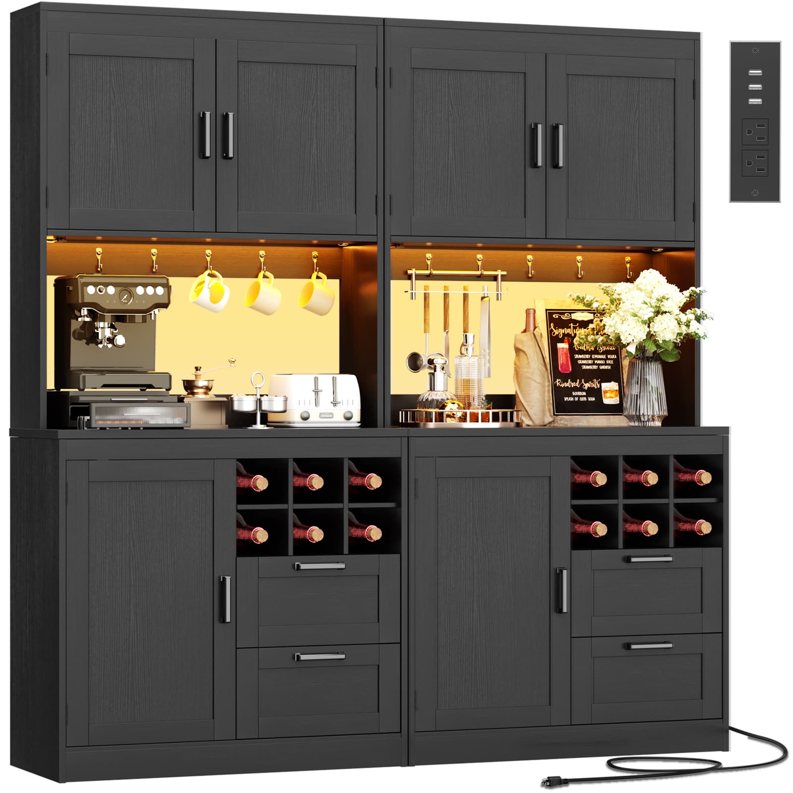 72'' Tall Pantry Cabinet with Drawers, Cabinets, Power Outlets & LED Lights, Set of 2