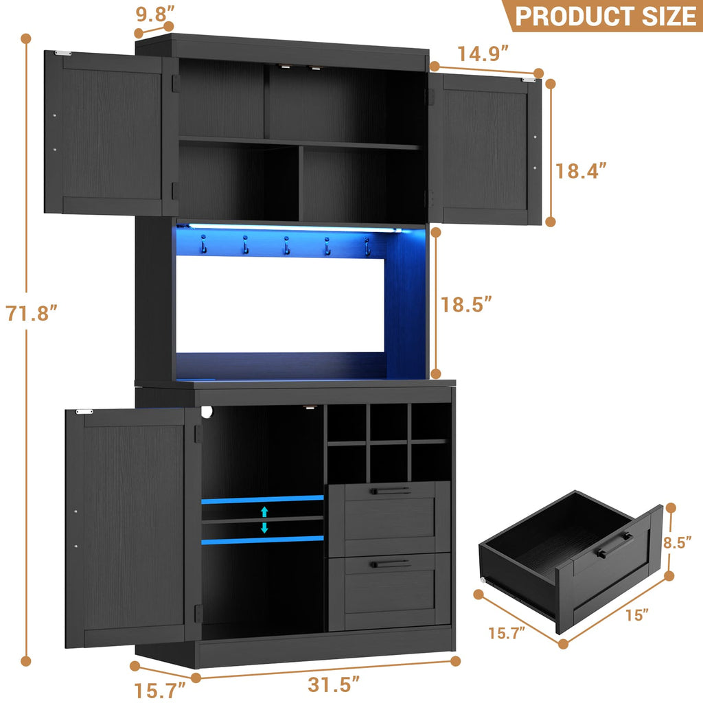 72'' Tall Pantry Cabinet with Drawers, Cabinets, Power Outlets & LED Lights
