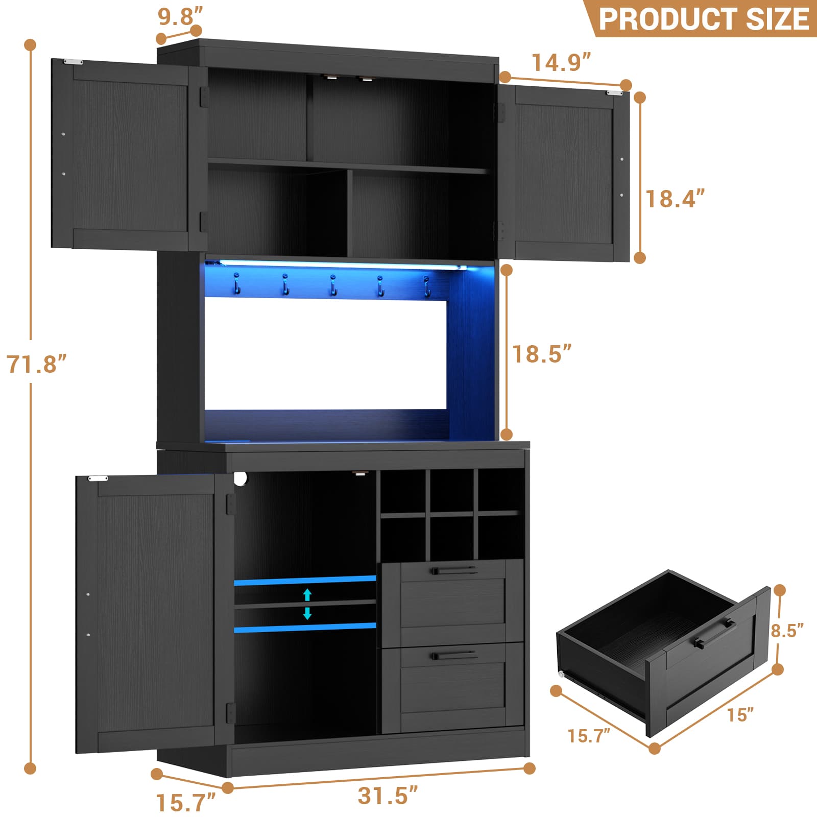 72'' Tall Pantry Cabinet with Drawers, Cabinets, Power Outlets & LED Lights