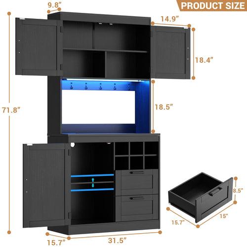 72'' Tall Pantry Cabinet with Drawers, Cabinets, Power Outlets & LED Lights