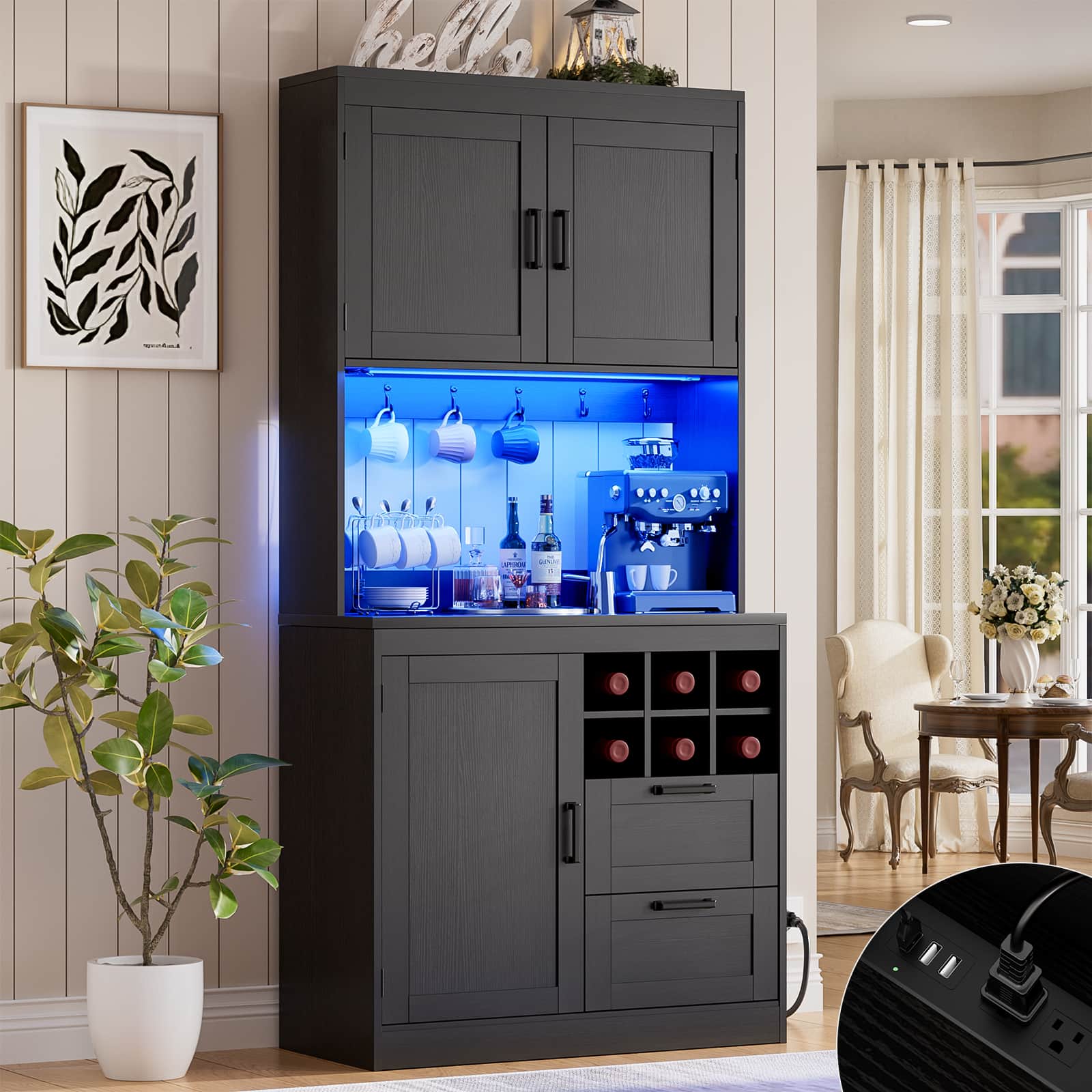 72'' Tall Pantry Cabinet with Drawers, Cabinets, Power Outlets & LED Lights