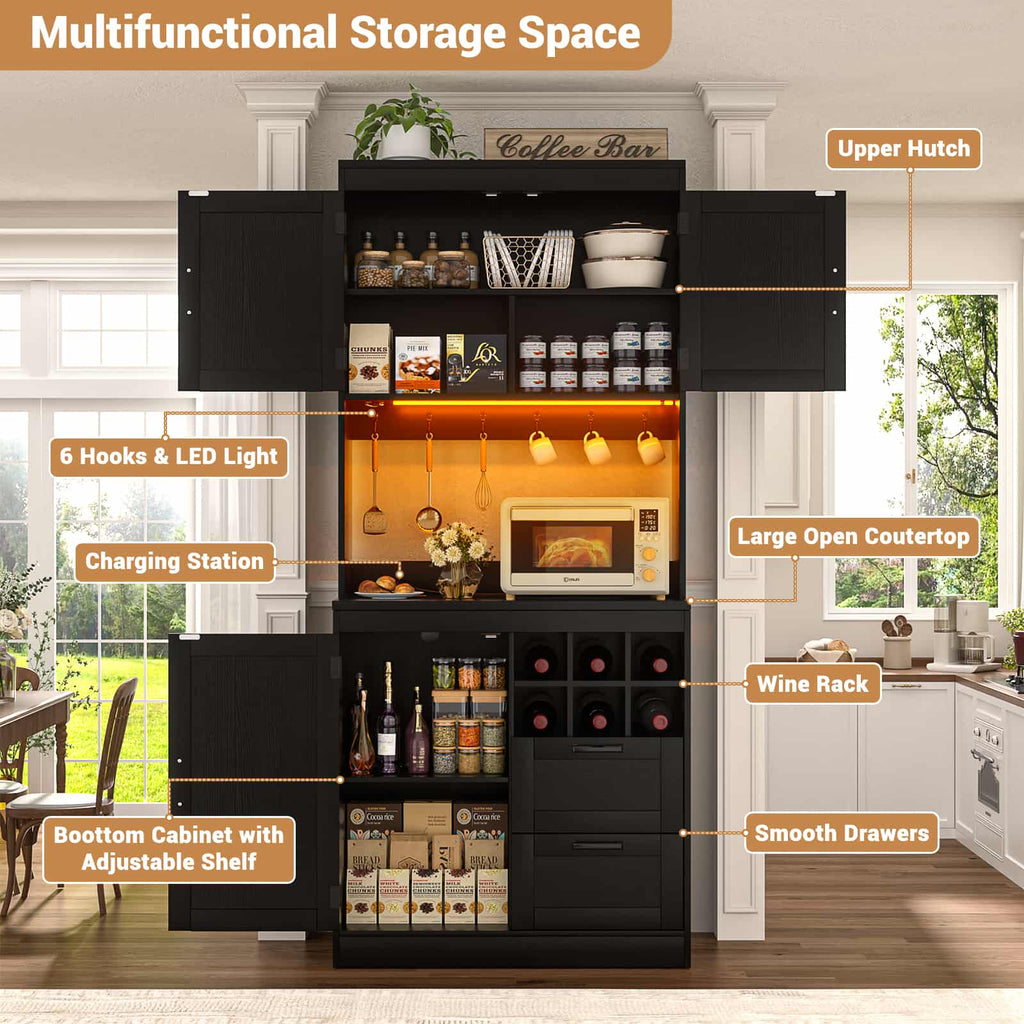72'' Tall Pantry Cabinet with Drawers, Cabinets, Power Outlets & LED Lights