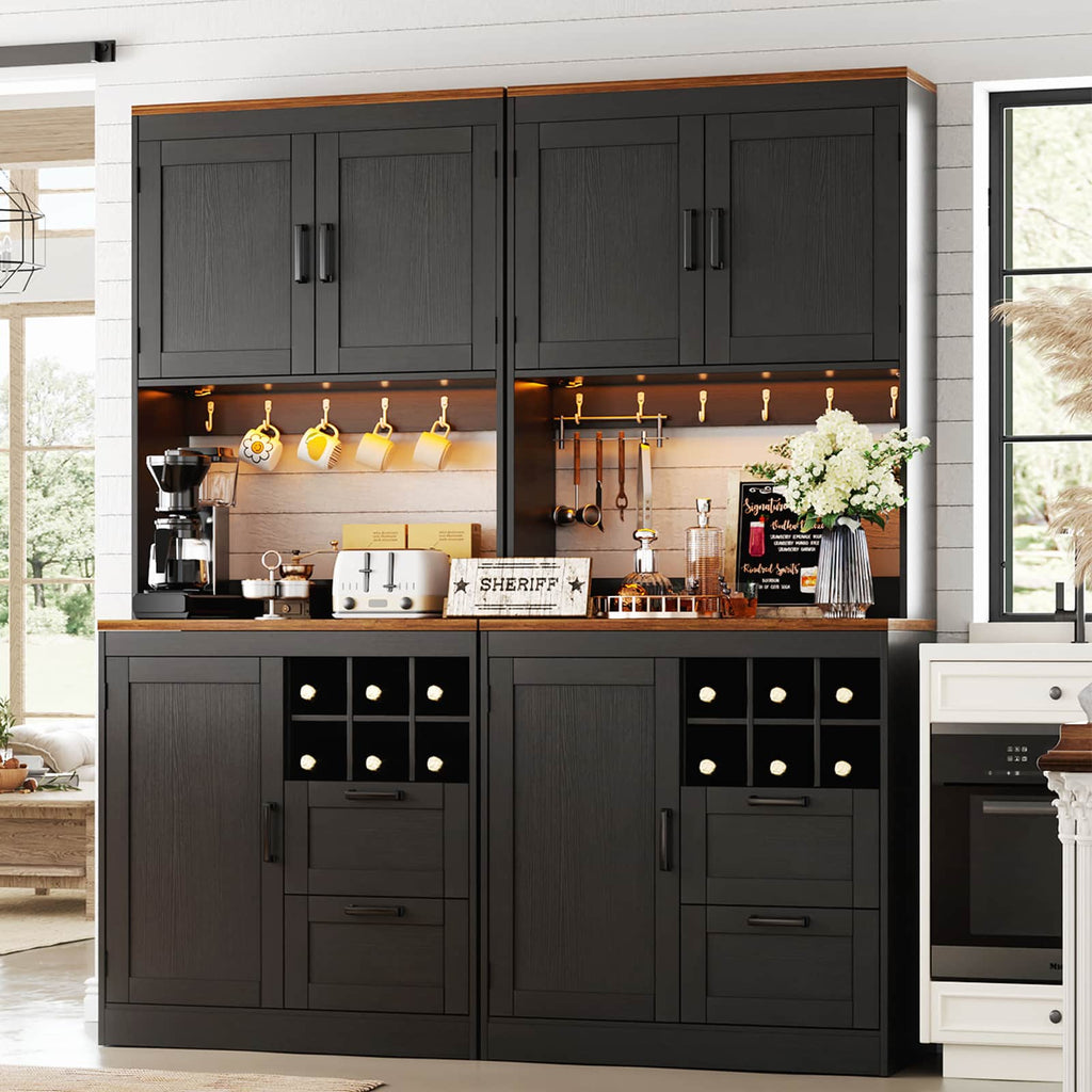 72'' Tall Pantry Cabinet with Drawers, Cabinets, Power Outlets & LED Lights, Set of 2