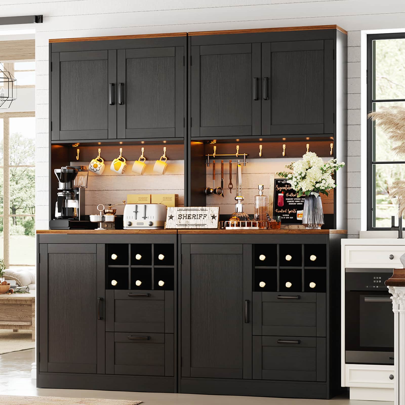72'' Tall Pantry Cabinet with Drawers, Cabinets, Power Outlets & LED Lights, Set of 2