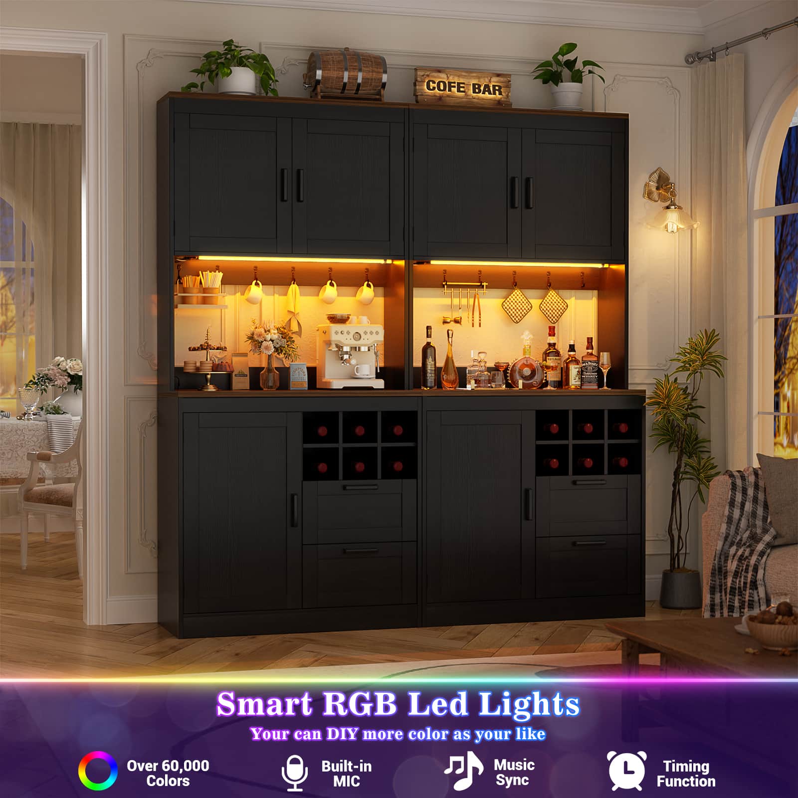72'' Tall Pantry Cabinet with Drawers, Cabinets, Power Outlets & LED Lights, Set of 2