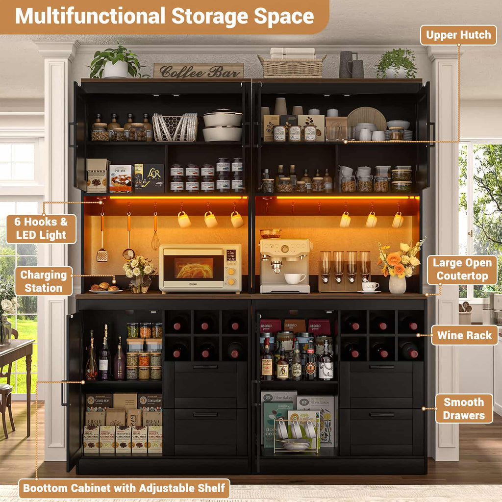 72'' Tall Pantry Cabinet with Drawers, Cabinets, Power Outlets & LED Lights, Set of 2