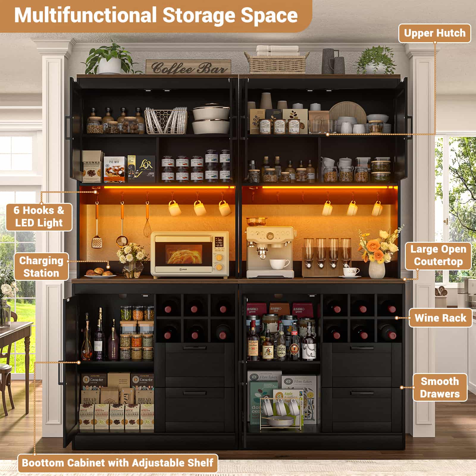 72'' Tall Pantry Cabinet with Drawers, Cabinets, Power Outlets & LED Lights, Set of 2