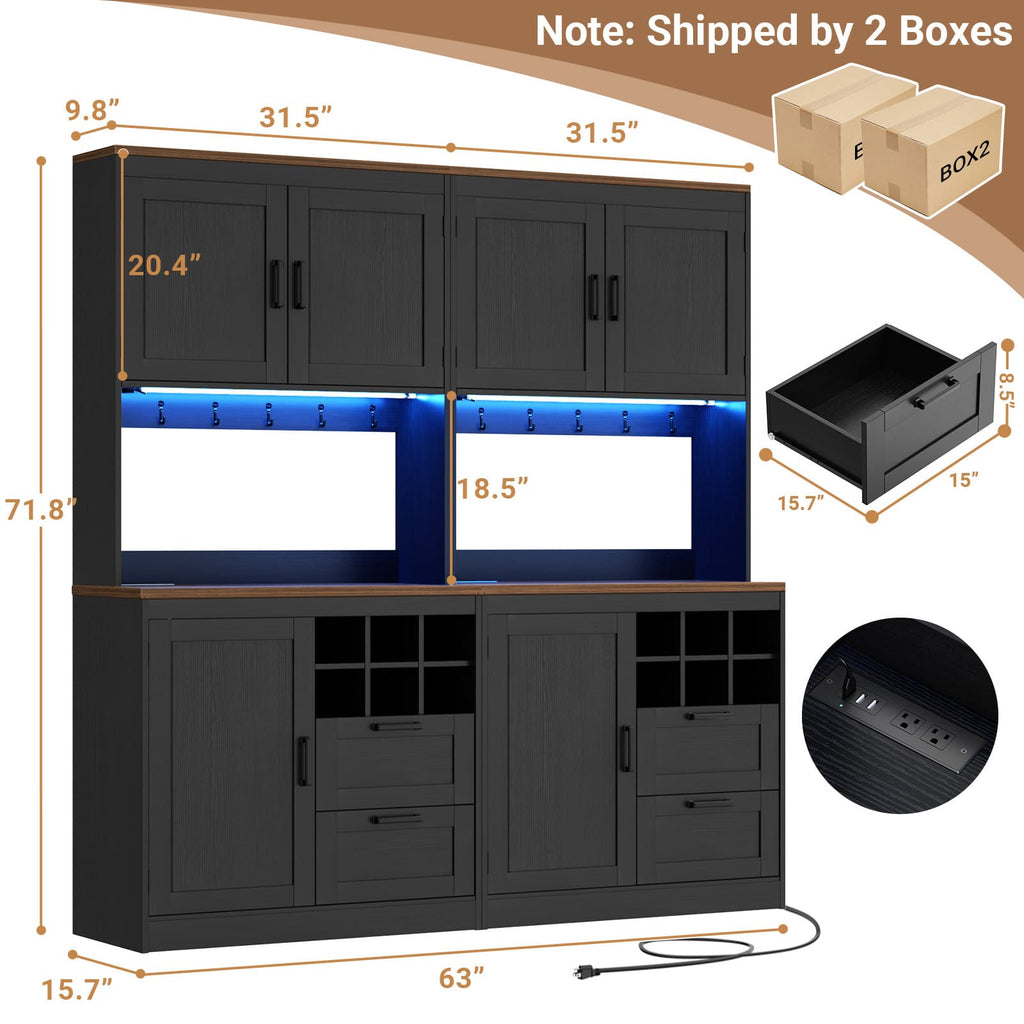 72'' Tall Pantry Cabinet with Drawers, Cabinets, Power Outlets & LED Lights, Set of 2