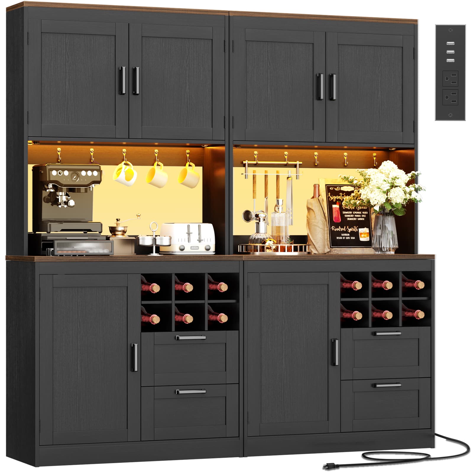 72'' Tall Pantry Cabinet with Drawers, Cabinets, Power Outlets & LED Lights, Set of 2