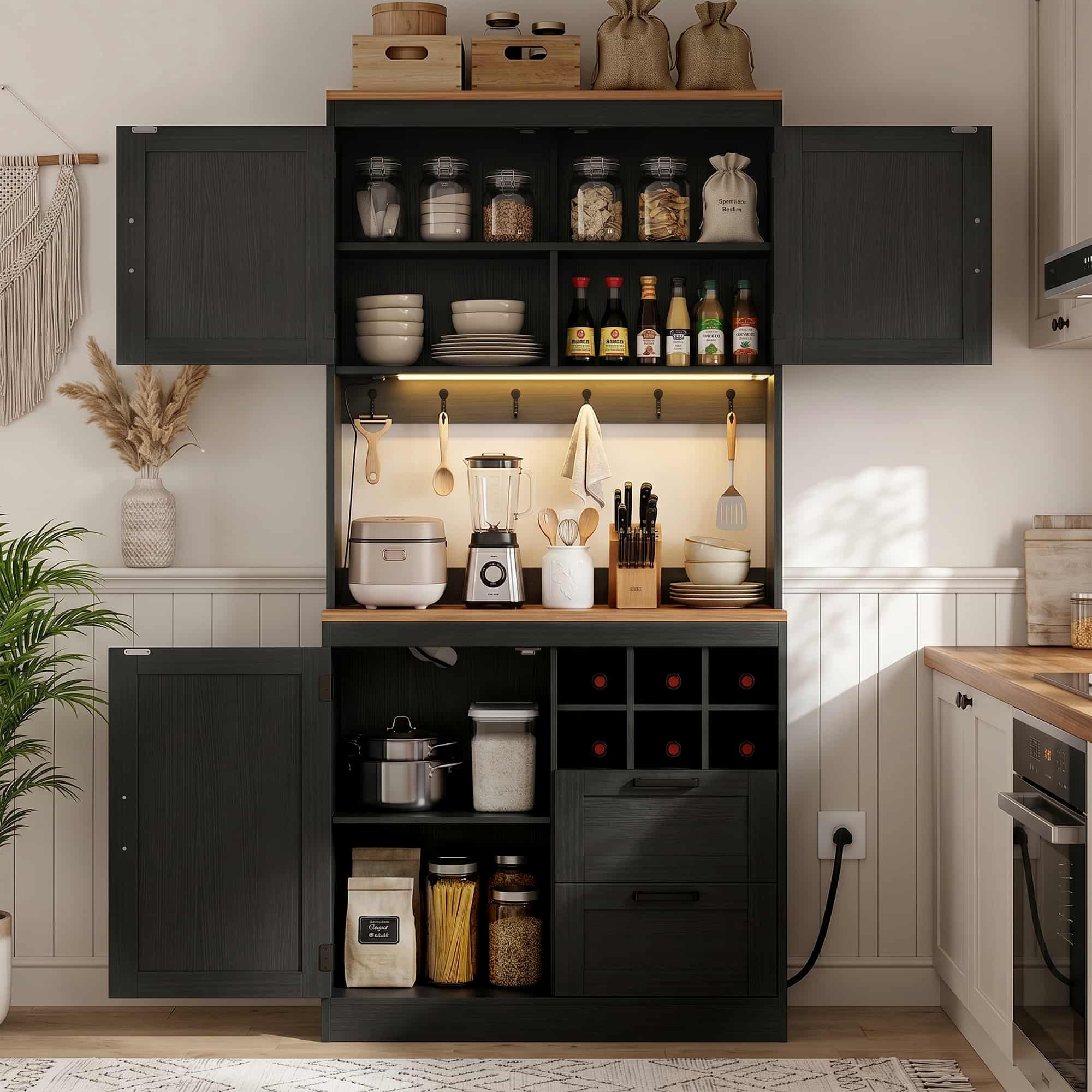 72'' Tall Pantry Cabinet with Drawers, Cabinets, Power Outlets & LED Lights