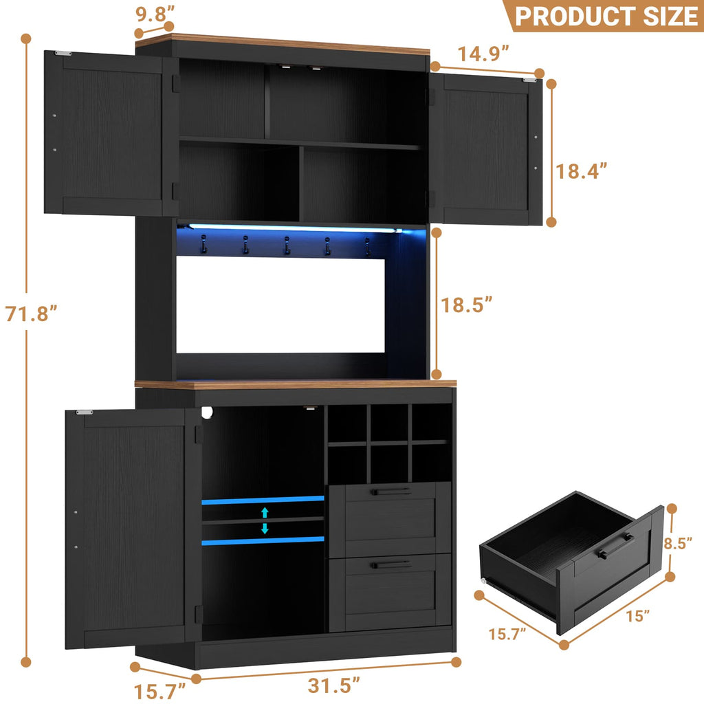 72'' Tall Pantry Cabinet with Drawers, Cabinets, Power Outlets & LED Lights