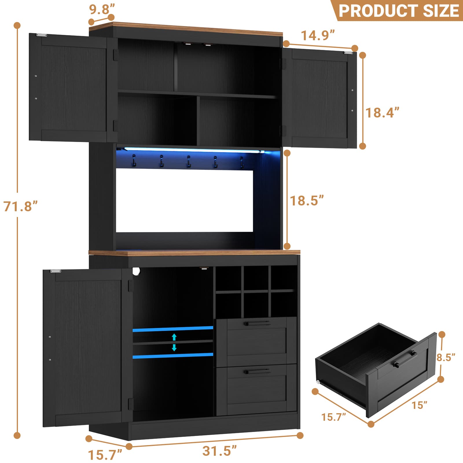 72'' Tall Pantry Cabinet with Drawers, Cabinets, Power Outlets & LED Lights