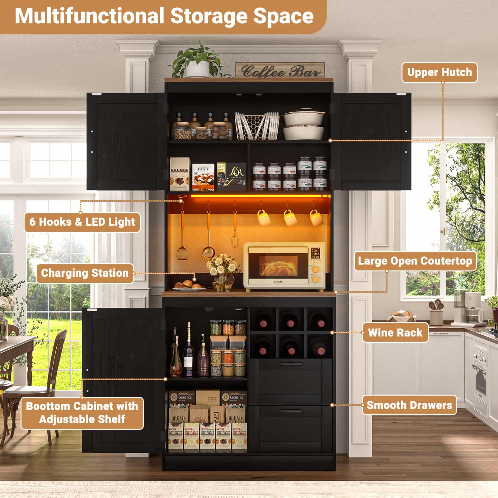 72'' Tall Pantry Cabinet with Drawers, Cabinets, Power Outlets & LED Lights