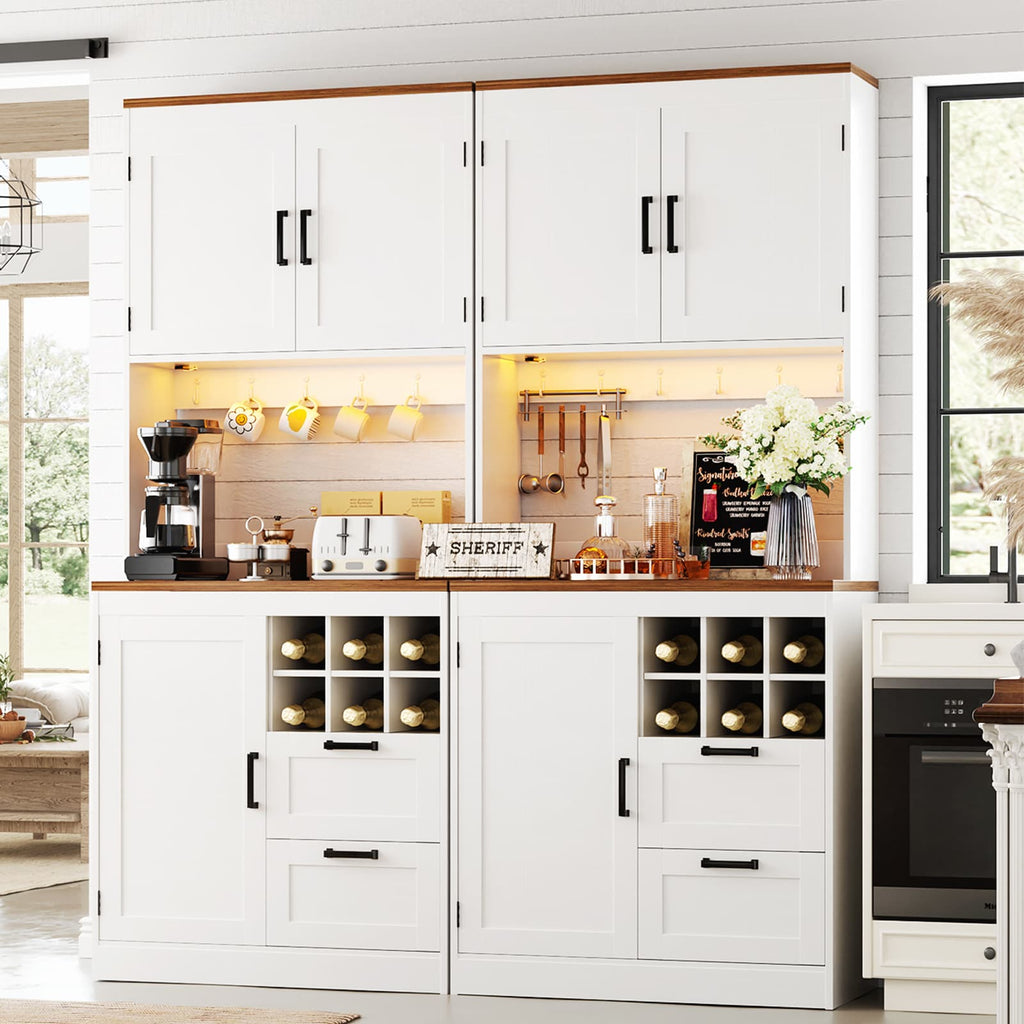 72'' Tall Pantry Cabinet with Drawers, Cabinets, Power Outlets & LED Lights, Set of 2