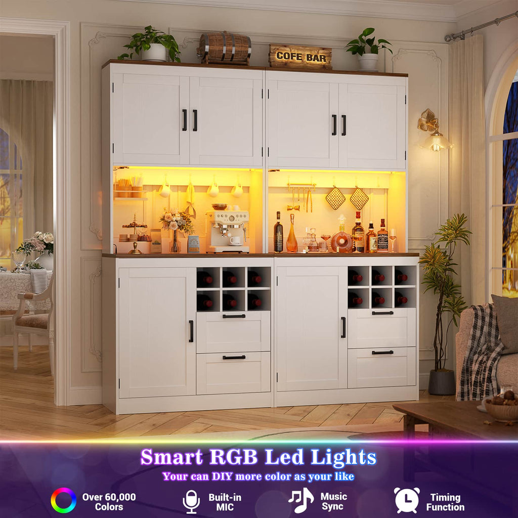 72'' Tall Pantry Cabinet with Drawers, Cabinets, Power Outlets & LED Lights, Set of 2