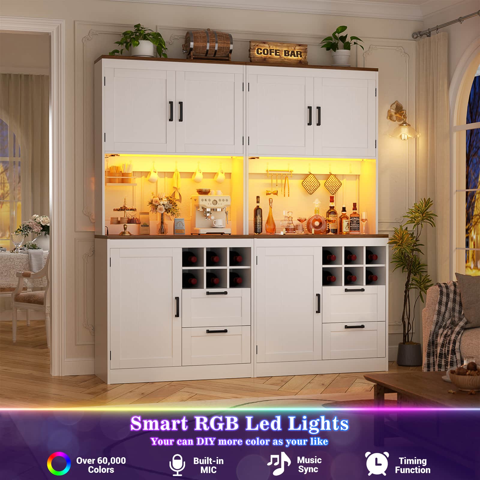 72'' Tall Pantry Cabinet with Drawers, Cabinets, Power Outlets & LED Lights, Set of 2