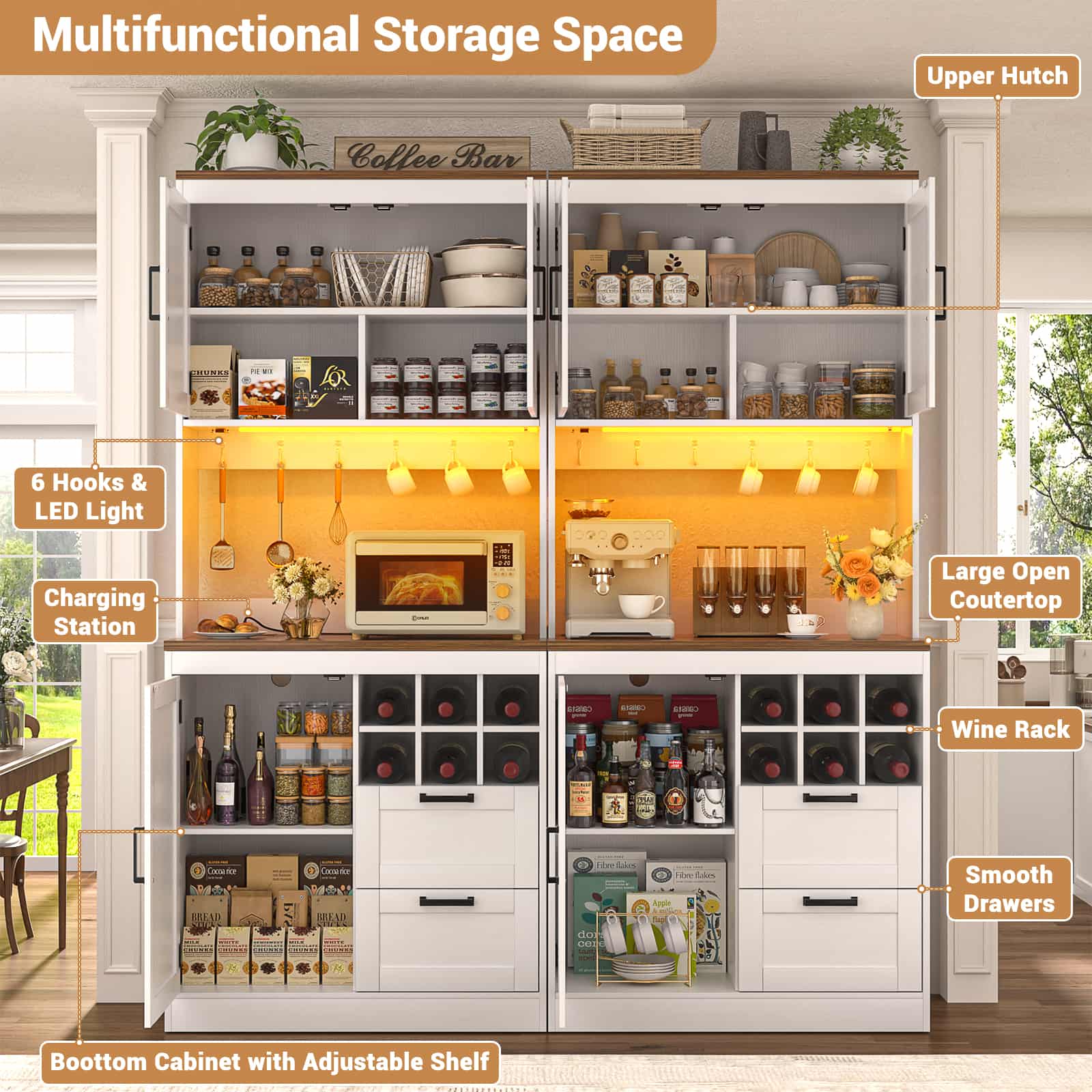 72'' Tall Pantry Cabinet with Drawers, Cabinets, Power Outlets & LED Lights, Set of 2