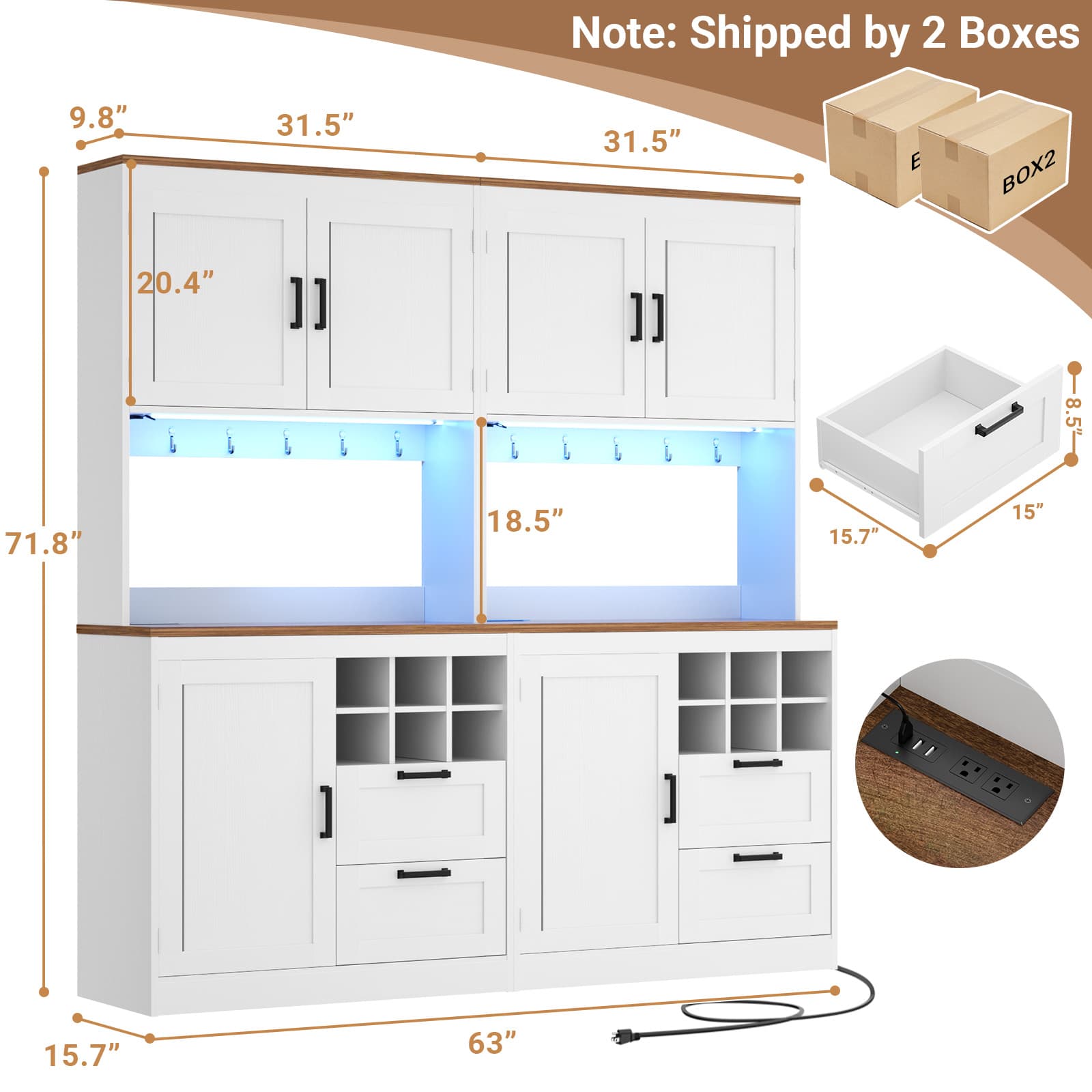 72'' Tall Pantry Cabinet with Drawers, Cabinets, Power Outlets & LED Lights, Set of 2