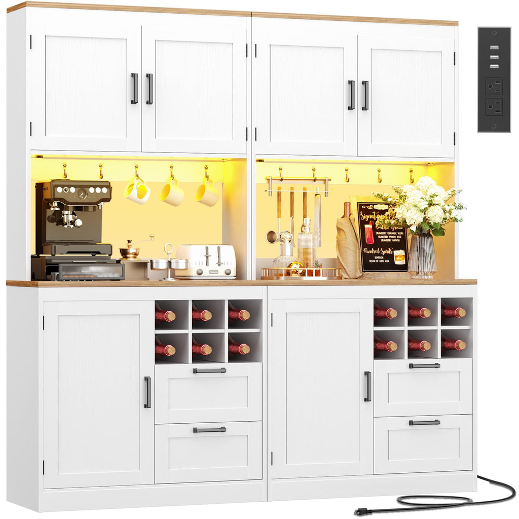 72'' Tall Pantry Cabinet with Drawers, Cabinets, Power Outlets & LED Lights, Set of 2