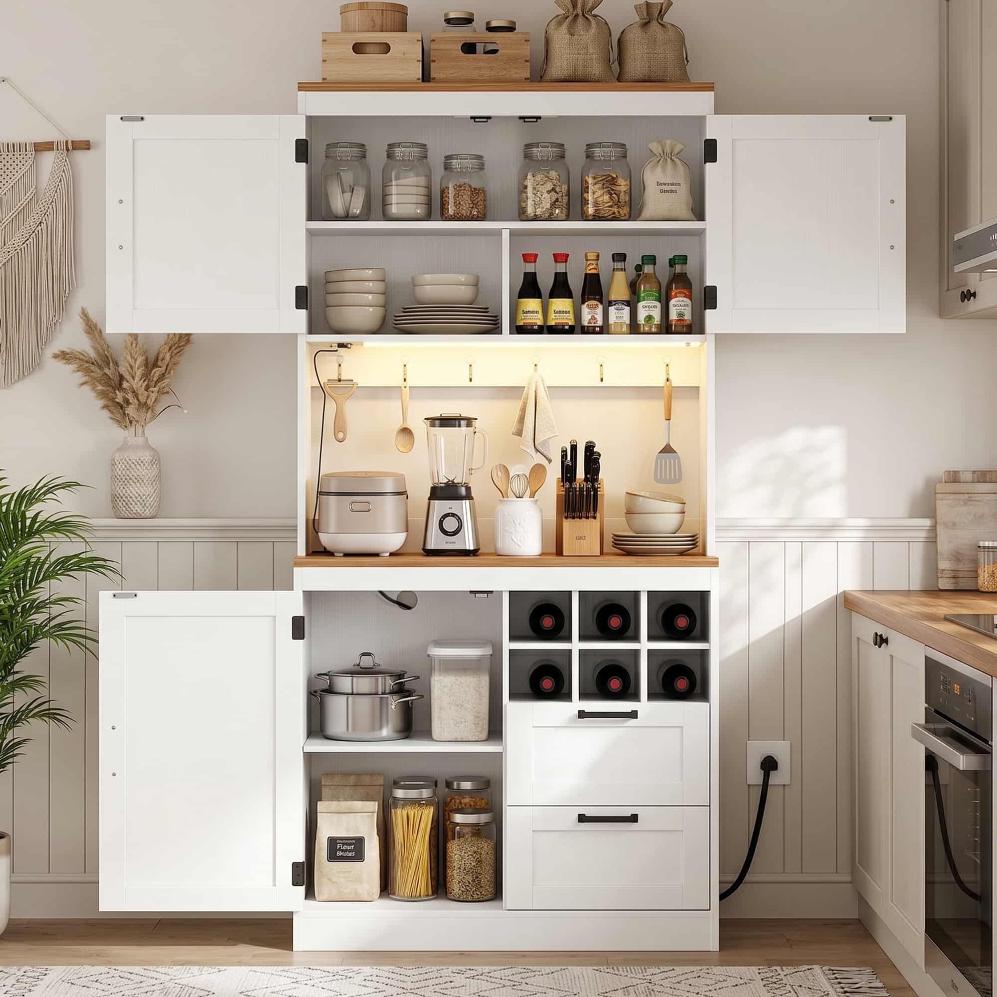 72'' Tall Pantry Cabinet with Drawers, Cabinets, Power Outlets & LED Lights