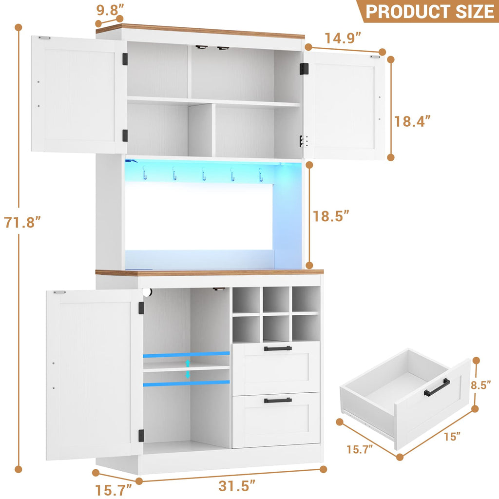 72'' Tall Pantry Cabinet with Drawers, Cabinets, Power Outlets & LED Lights