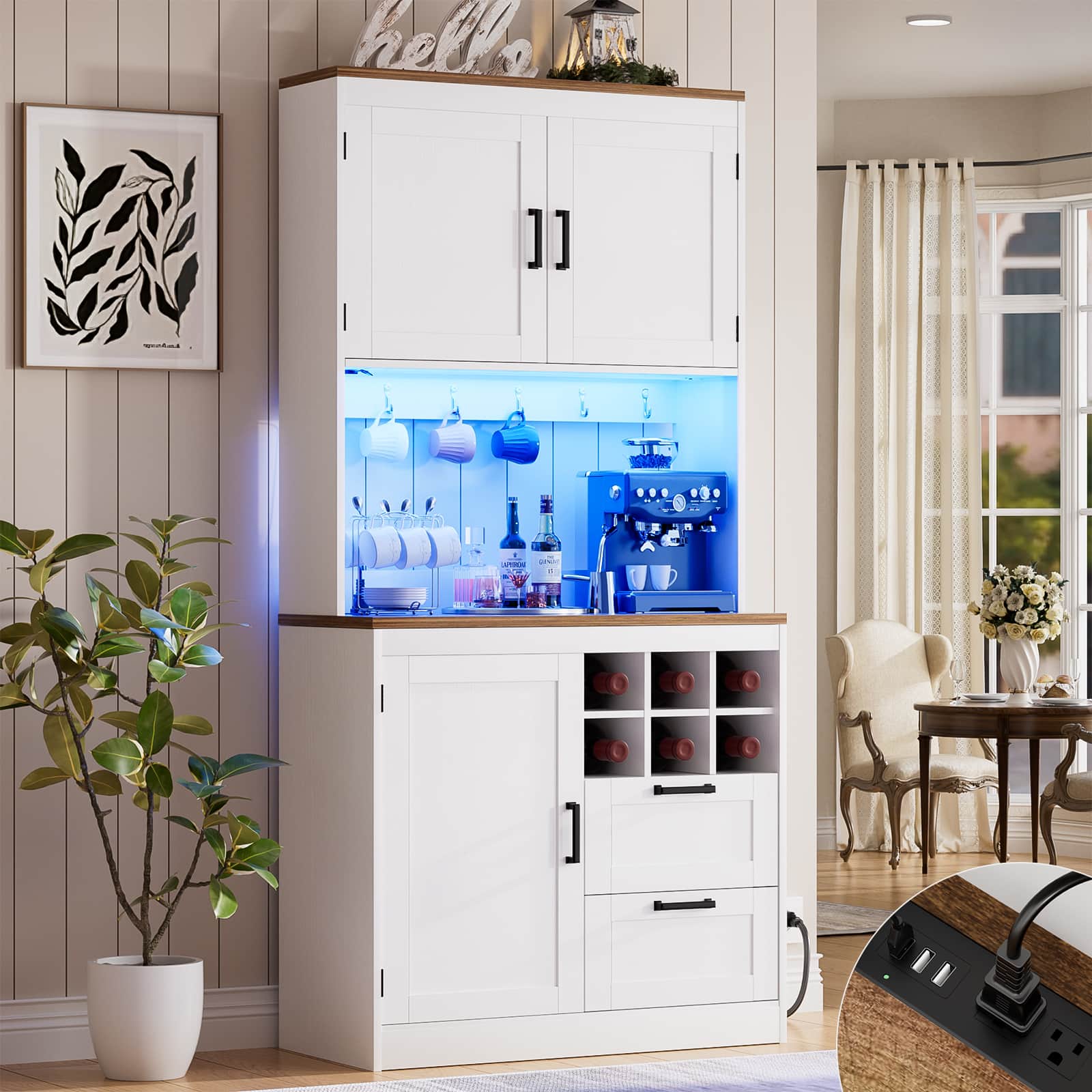 72'' Tall Pantry Cabinet with Drawers, Cabinets, Power Outlets & LED Lights