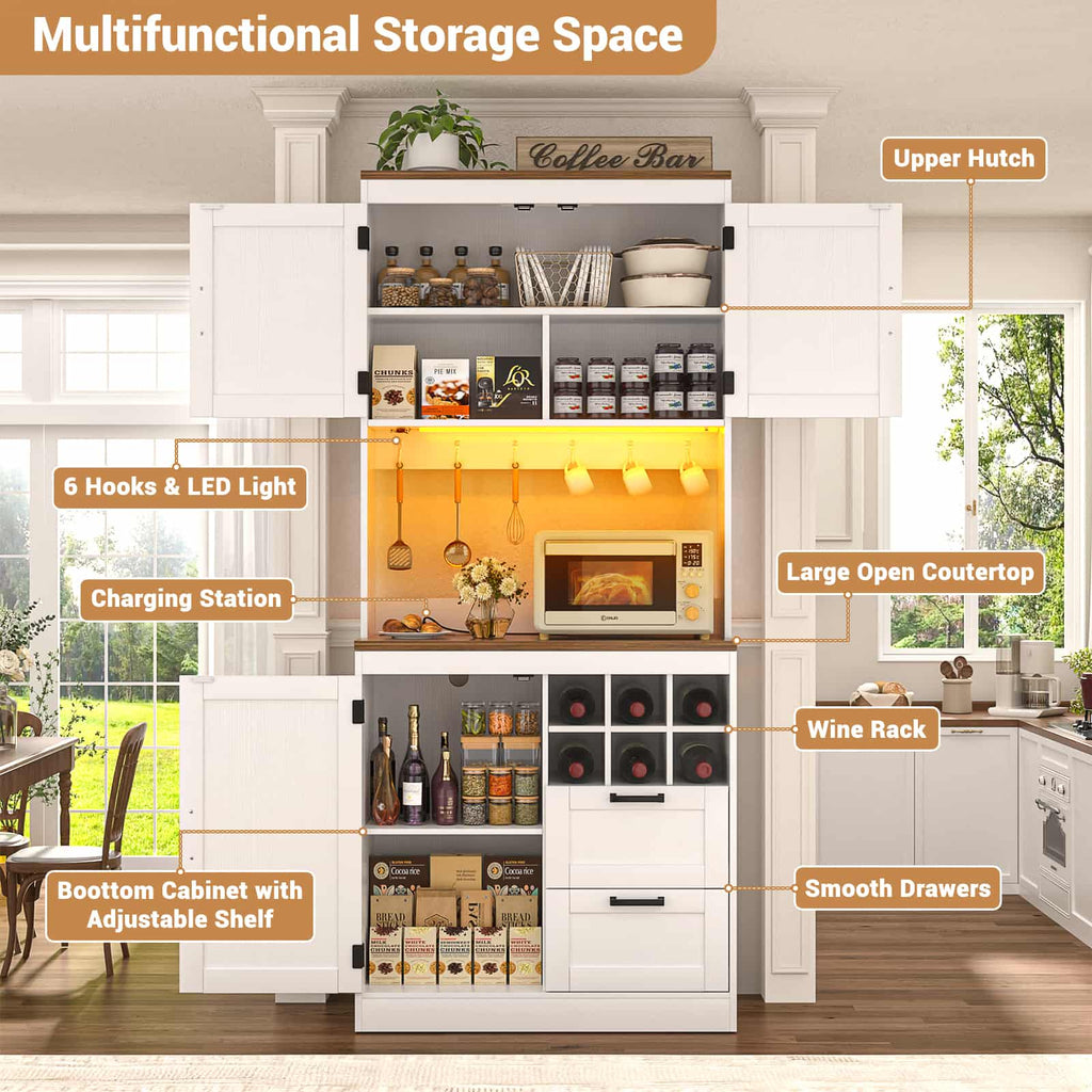 72'' Tall Pantry Cabinet with Drawers, Cabinets, Power Outlets & LED Lights