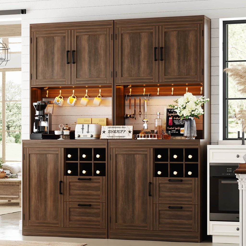 72'' Tall Pantry Cabinet with Drawers, Cabinets, Power Outlets & LED Lights, Set of 2